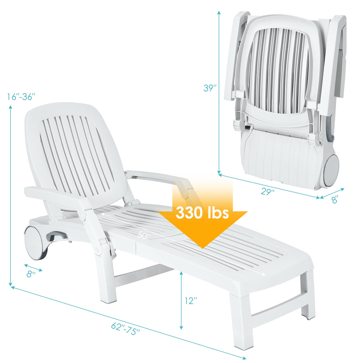 Adjustable Patio Sun Lounger with Weather Resistant Wheels-White-Outdoor Chaise Lounges-DECOROLALA