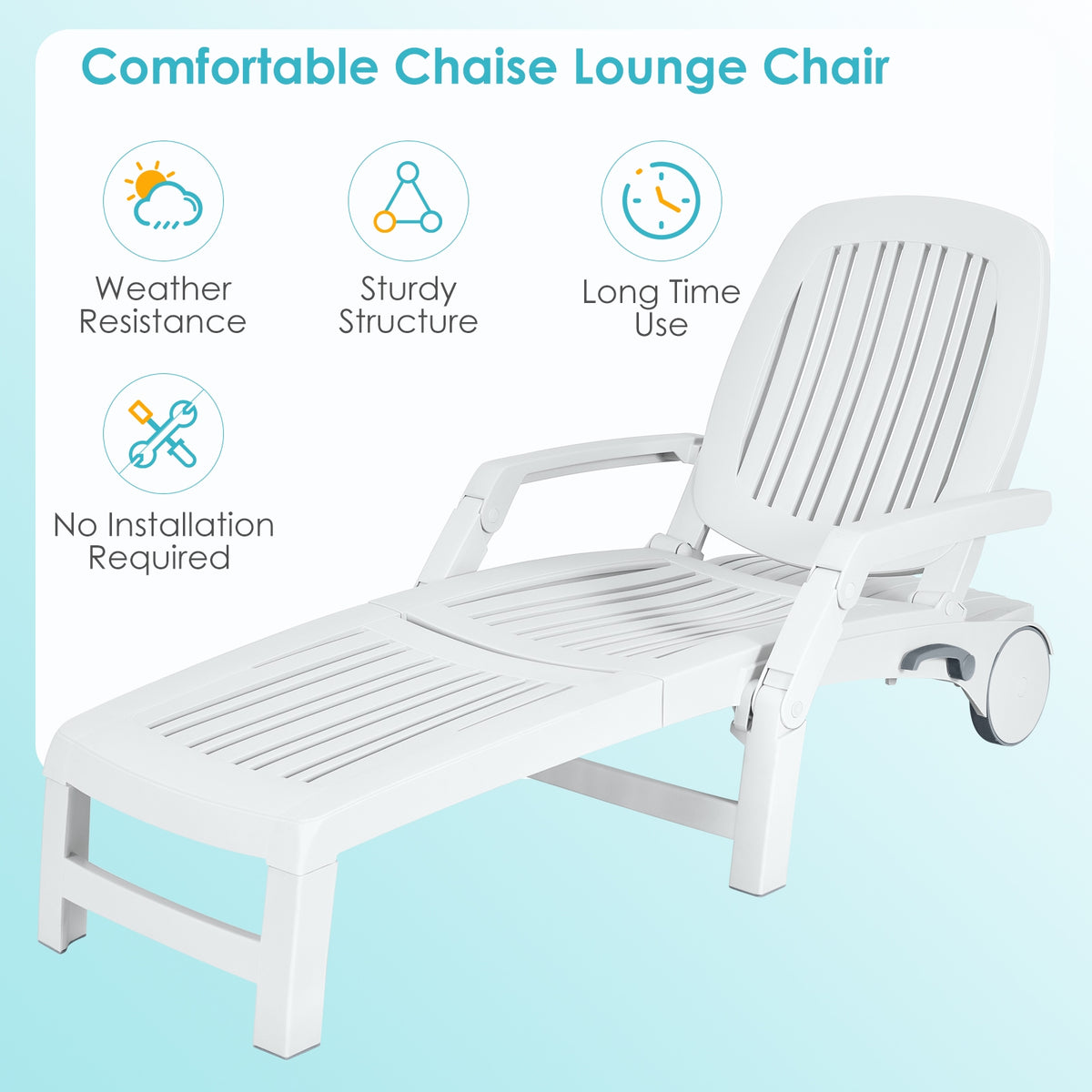 Adjustable Patio Sun Lounger with Weather Resistant Wheels-White-Outdoor Chaise Lounges-DECOROLALA