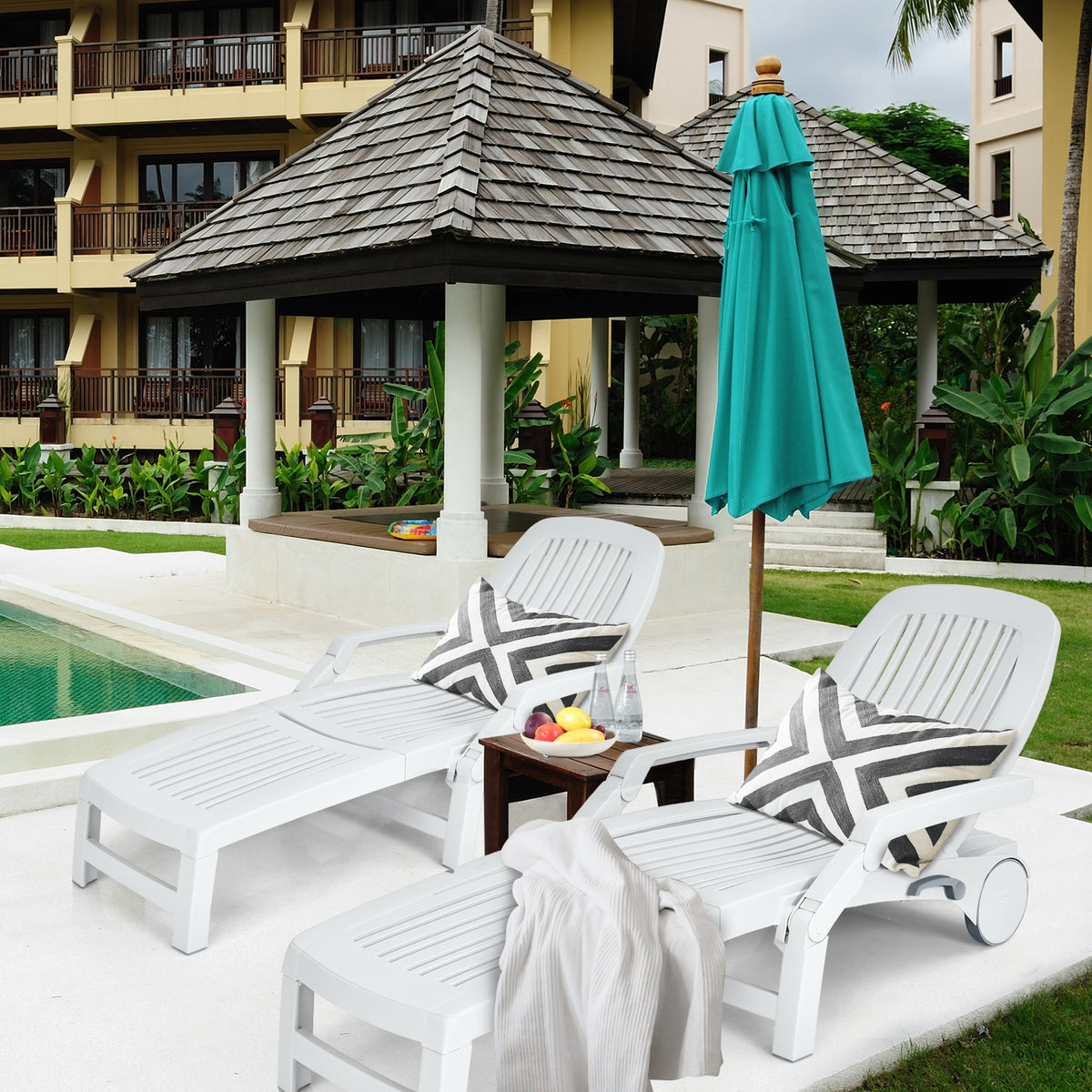 Adjustable Patio Sun Lounger with Weather Resistant Wheels-White-Outdoor Chaise Lounges-DECOROLALA