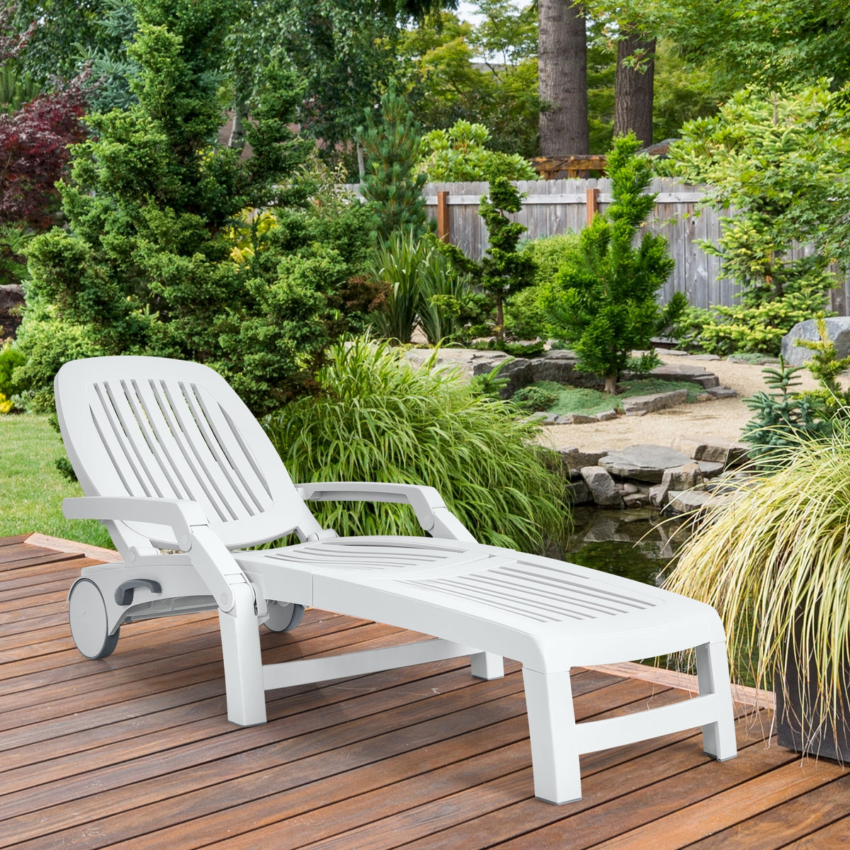 Adjustable Patio Sun Lounger with Weather Resistant Wheels-White-Outdoor Chaise Lounges-DECOROLALA