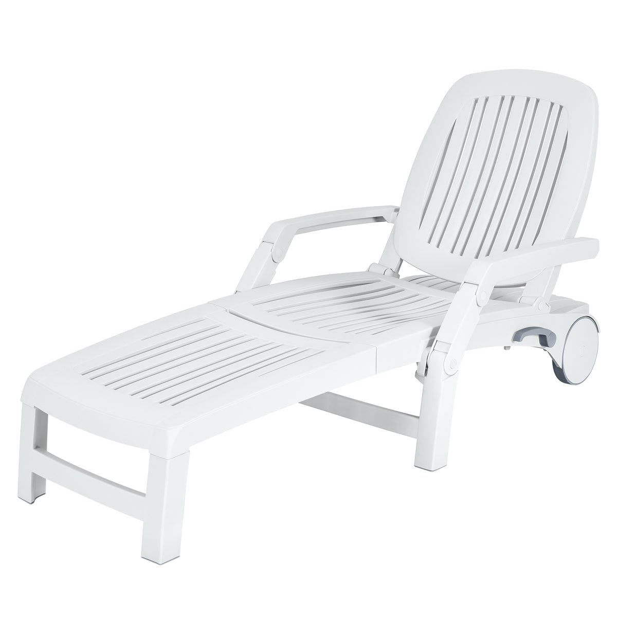 Adjustable Patio Sun Lounger with Weather Resistant Wheels-White-Outdoor Chaise Lounges-DECOROLALA