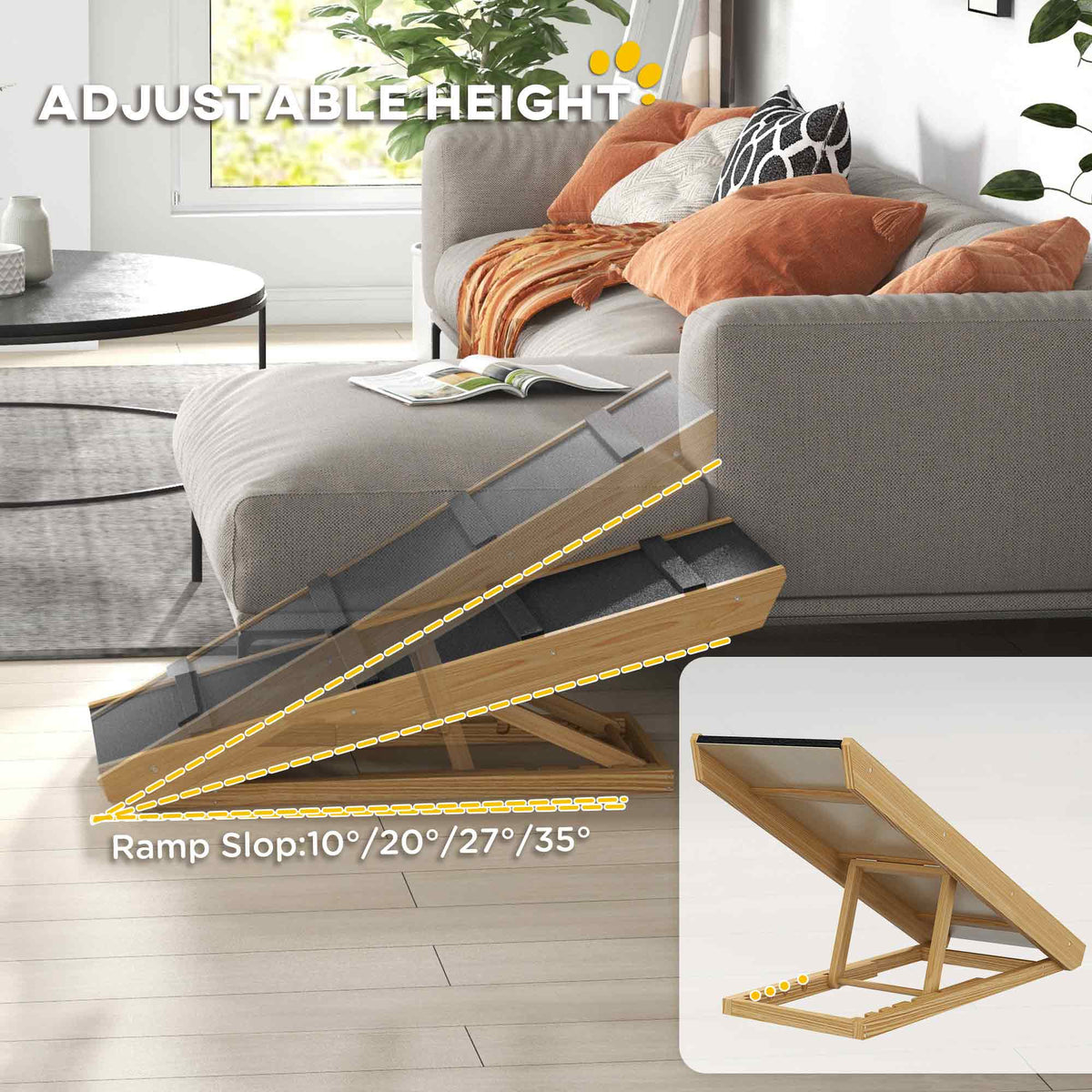Adjustable Pine Wood Folding Dog Ramp - Non-Slip Natural Finish-Dogs-DECOROLALA
