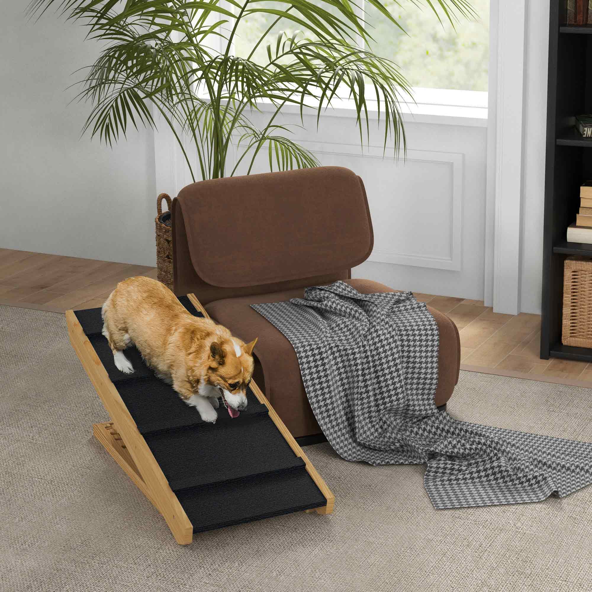 Adjustable Pine Wood Folding Dog Ramp - Non-Slip Natural Finish-Dogs-DECOROLALA