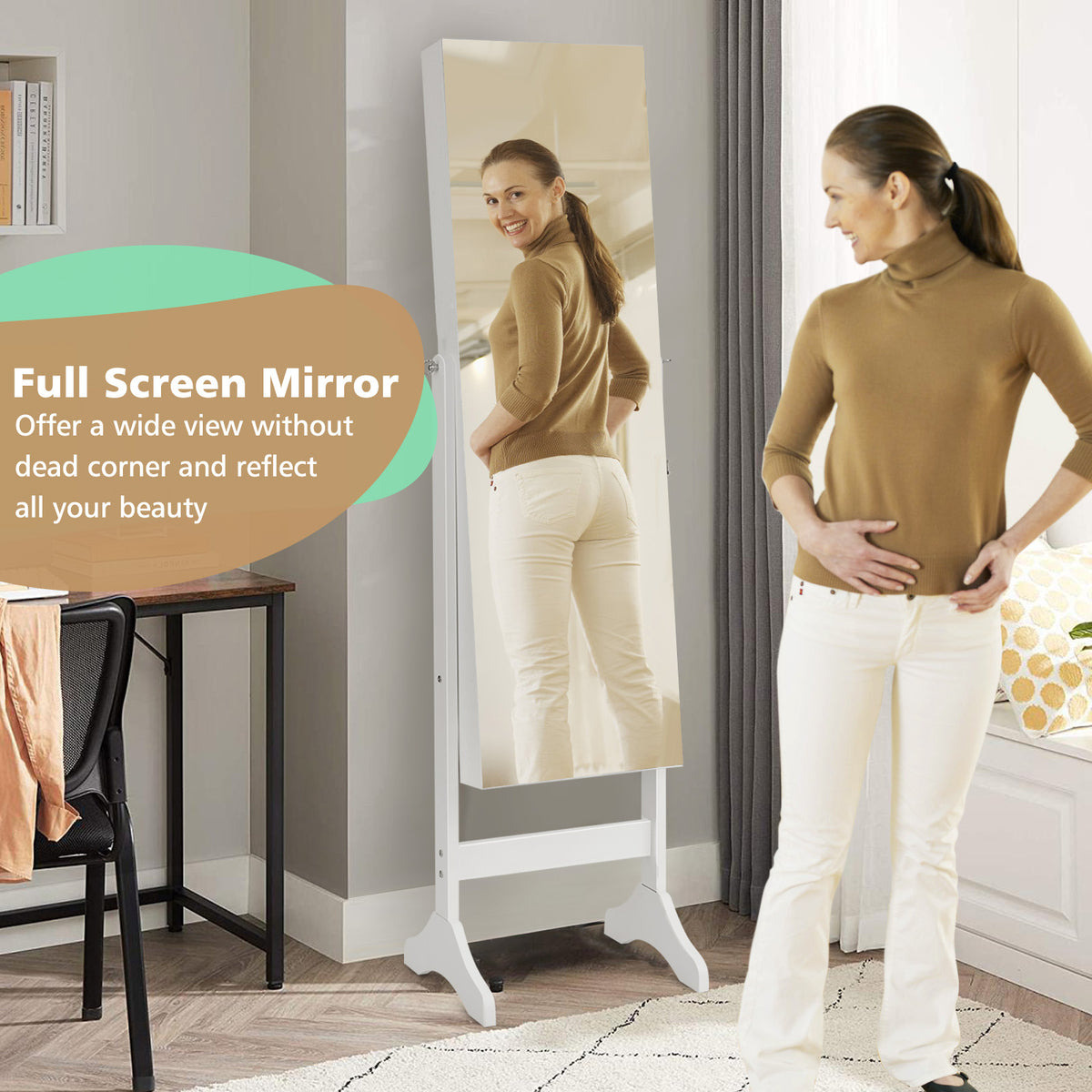 Adjustable Standing Jewelry Cabinet with Full Length Mirror-White-Jewelry Armoires-DECOROLALA