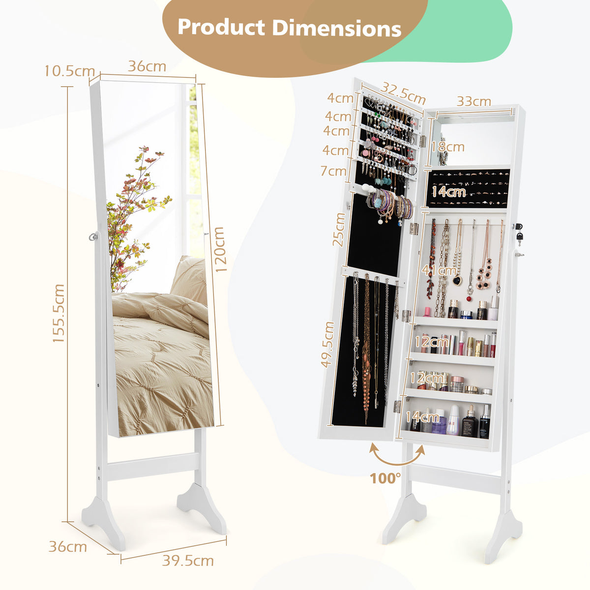 Adjustable Standing Jewelry Cabinet with Full Length Mirror-White-Jewelry Armoires-DECOROLALA
