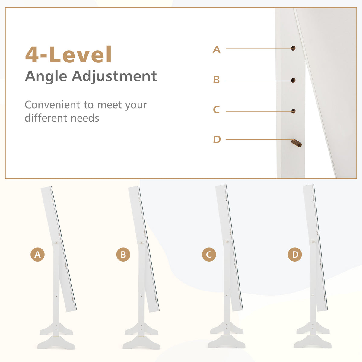Adjustable Standing Jewelry Cabinet with Full Length Mirror-White-Jewelry Armoires-DECOROLALA