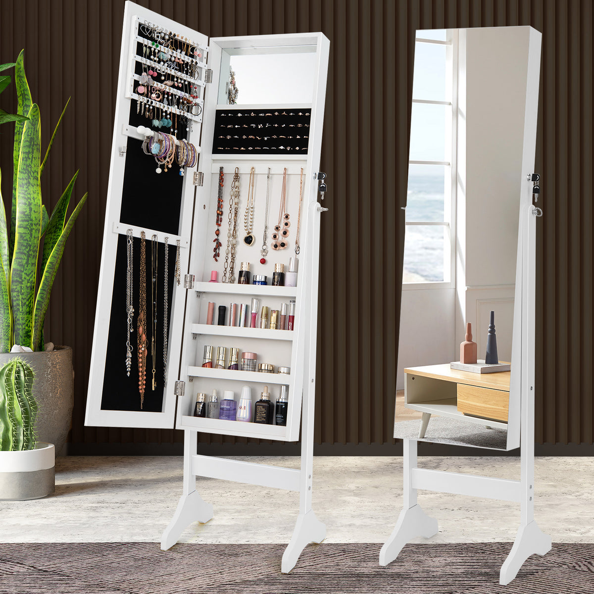 Adjustable Standing Jewelry Cabinet with Full Length Mirror-White-Jewelry Armoires-DECOROLALA