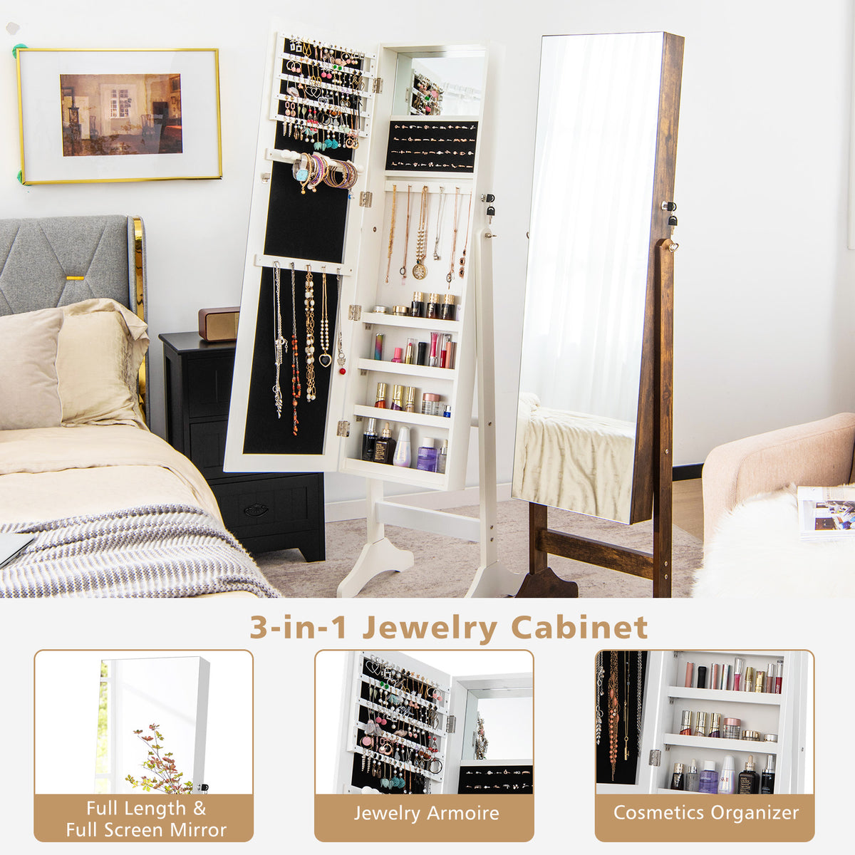 Adjustable Standing Jewelry Cabinet with Full Length Mirror-White-Jewelry Armoires-DECOROLALA