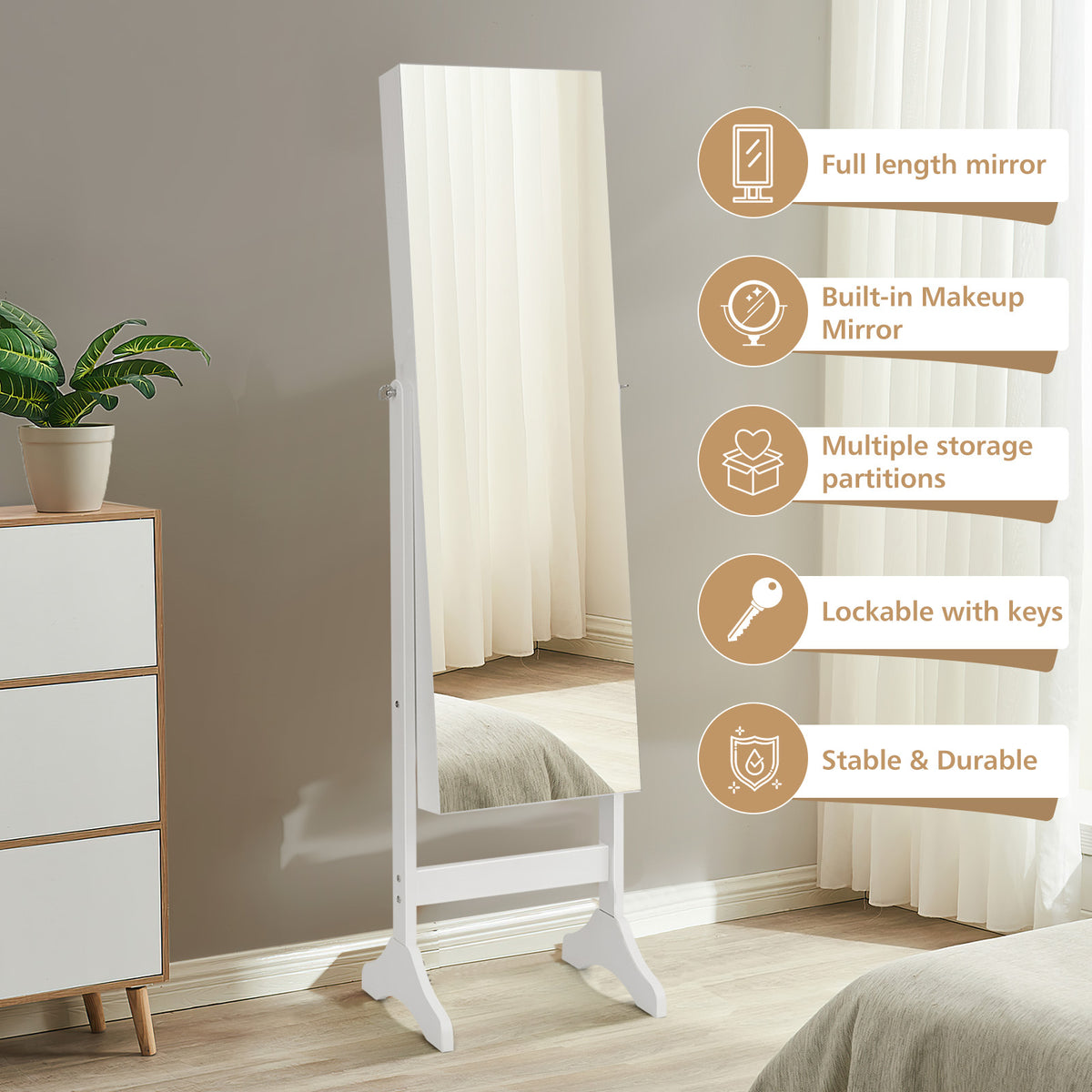 Adjustable Standing Jewelry Cabinet with Full Length Mirror-White-Jewelry Armoires-DECOROLALA