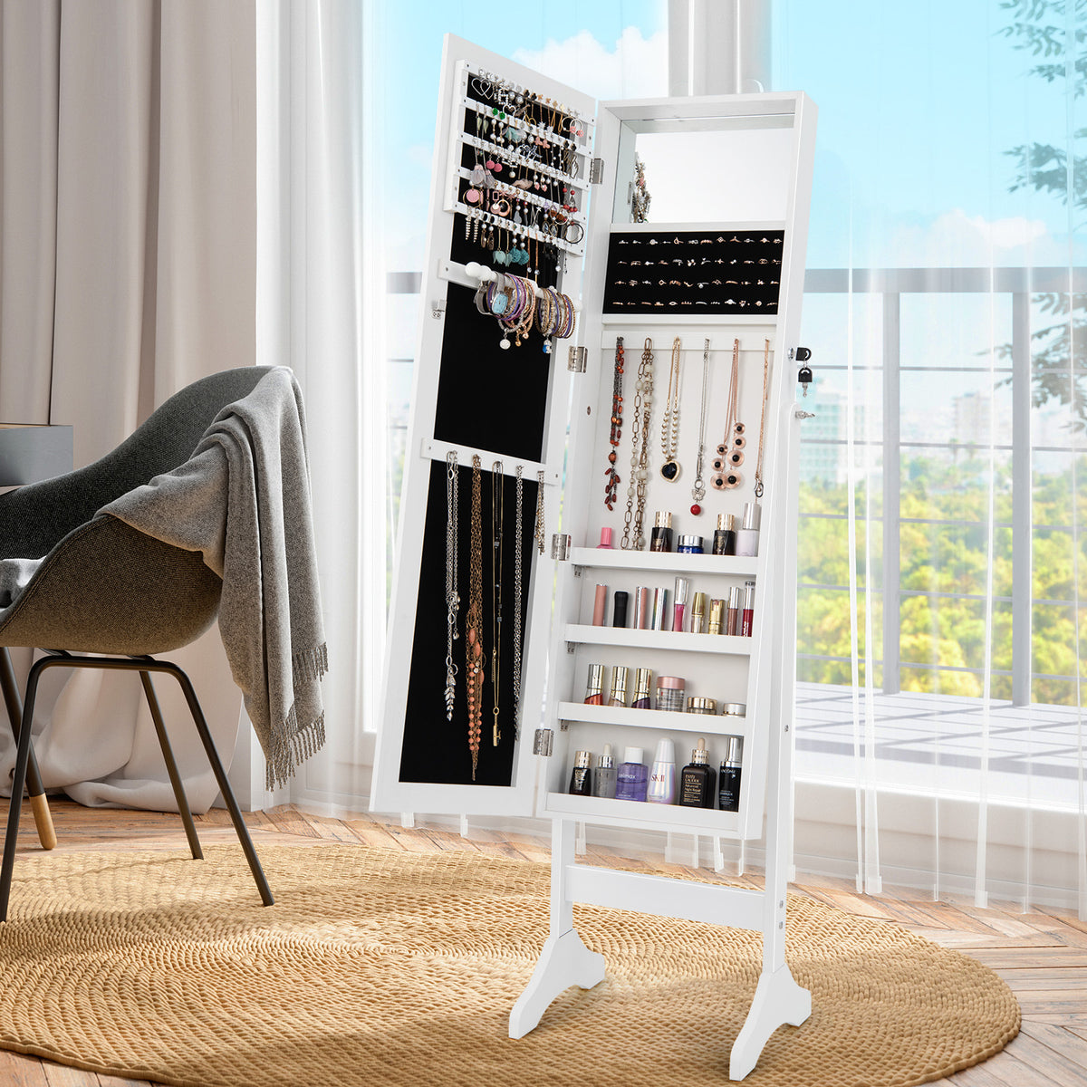 Adjustable Standing Jewelry Cabinet with Full Length Mirror-White-Jewelry Armoires-DECOROLALA