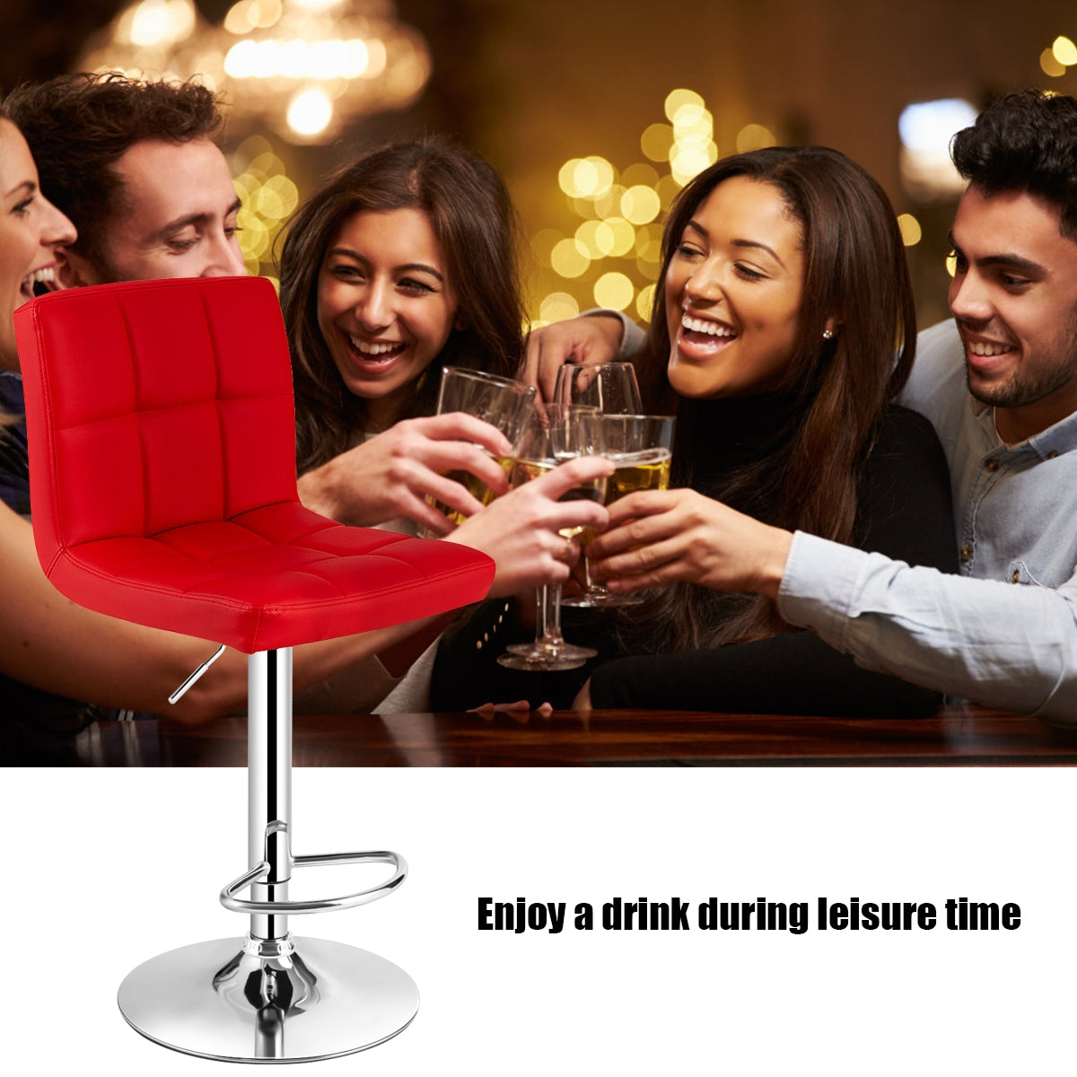 Adjustable Swivel Bar Stool with PU Leather-Red-Bar Stools-DECOROLALA
