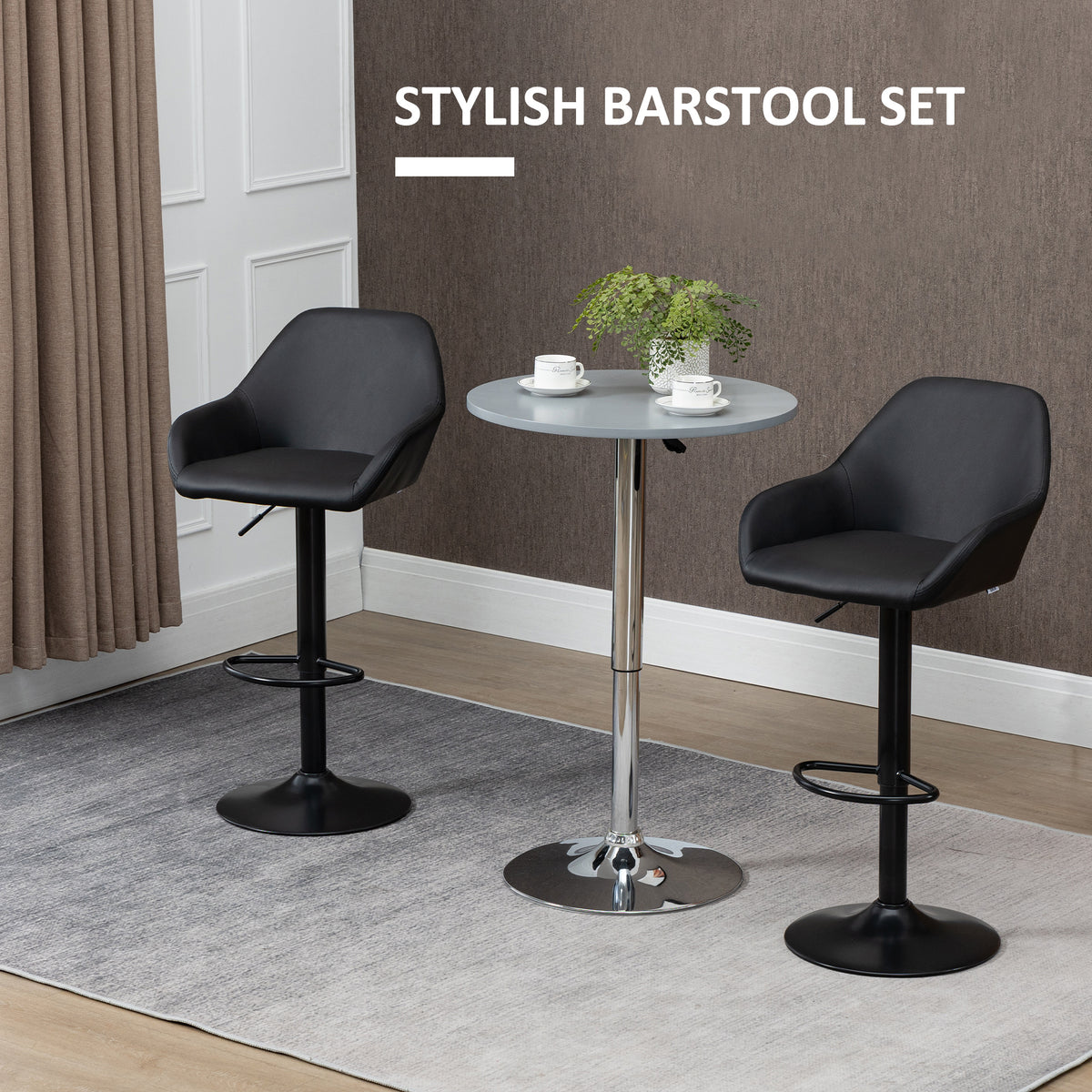 Adjustable Swivel Bar Stools - Set of 2 Black PU Leather-Home Furnishings > Kitchen & Dining Furniture > Bar Stools-DECOROLALA