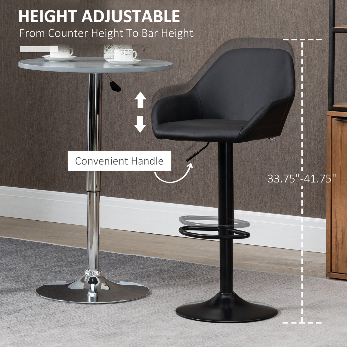 Adjustable Swivel Bar Stools - Set of 2 Black PU Leather-Home Furnishings > Kitchen & Dining Furniture > Bar Stools-DECOROLALA