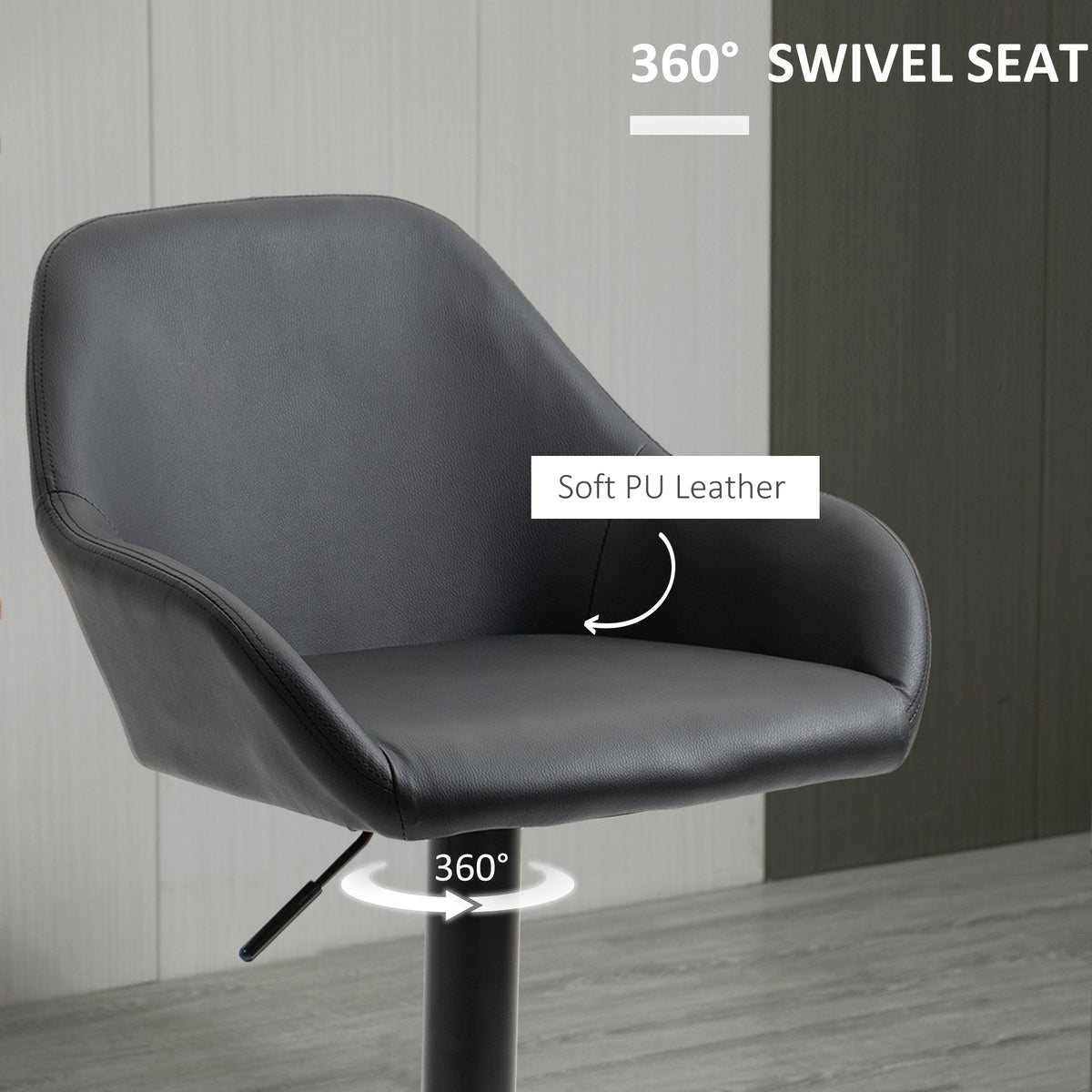 Adjustable Swivel Bar Stools - Set of 2 Black PU Leather-Home Furnishings > Kitchen & Dining Furniture > Bar Stools-DECOROLALA