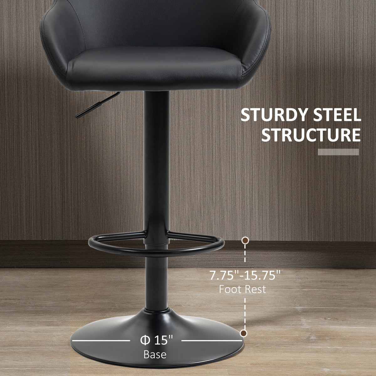 Adjustable Swivel Bar Stools - Set of 2 Black PU Leather-Home Furnishings > Kitchen & Dining Furniture > Bar Stools-DECOROLALA