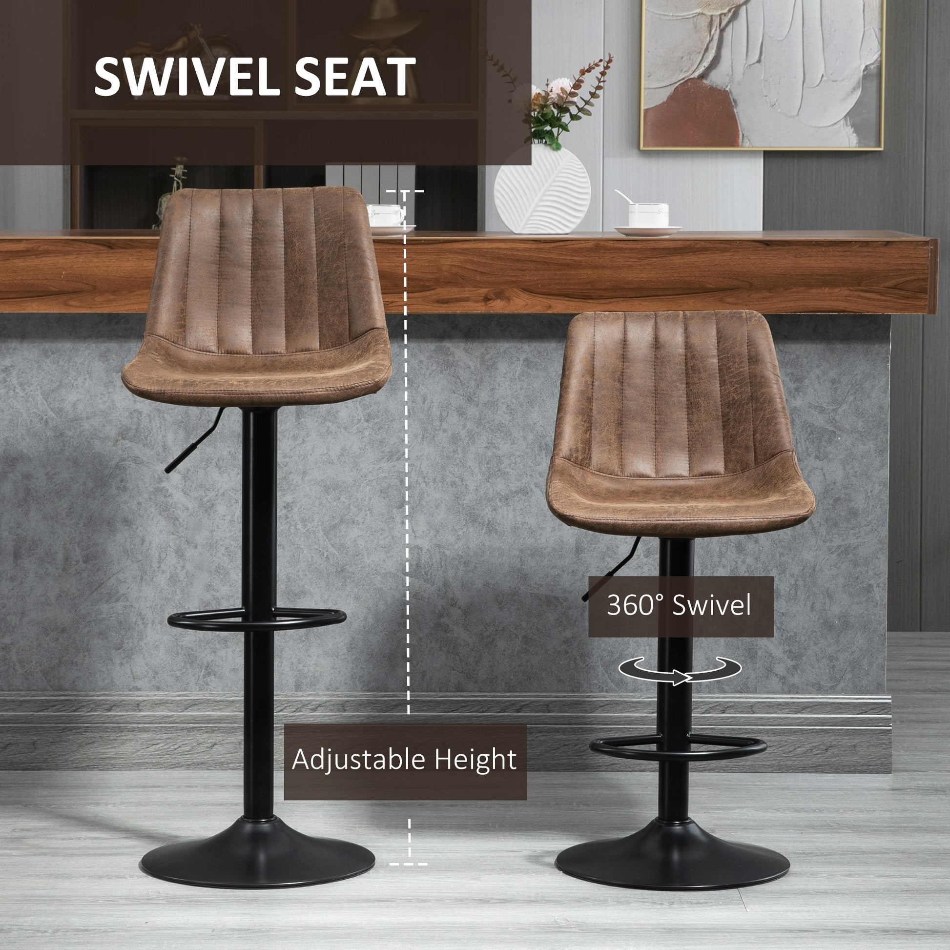 Adjustable Swivel Bar Stools - Set of 2 Brown Leathaire-Home Furnishings > Kitchen & Dining Furniture > Bar Stools-DECOROLALA