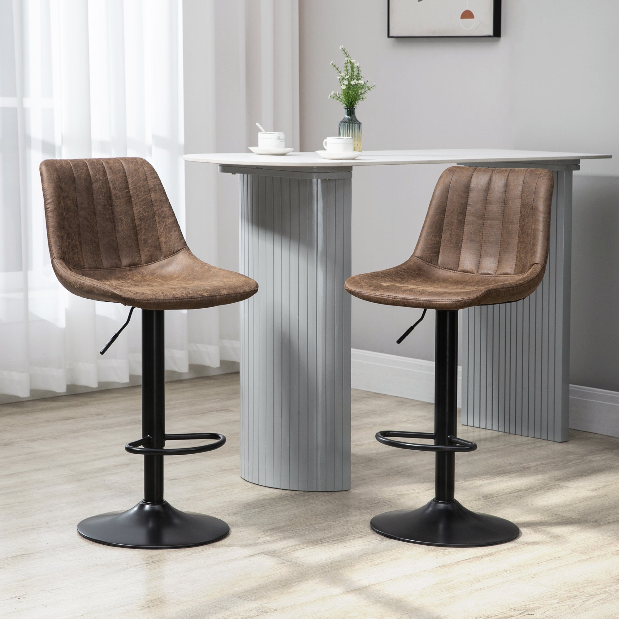 Adjustable Swivel Bar Stools - Set of 2 Brown Leathaire-Home Furnishings > Kitchen & Dining Furniture > Bar Stools-DECOROLALA