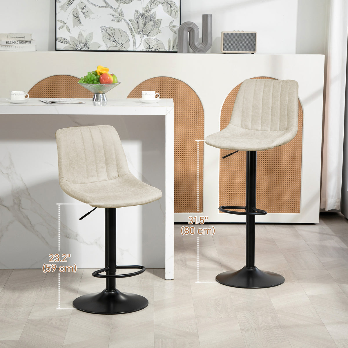 Adjustable Swivel Bar Stools - Set of 2 Cream White Leathaire-Home Furnishings > Kitchen & Dining Furniture > Bar Stools-DECOROLALA