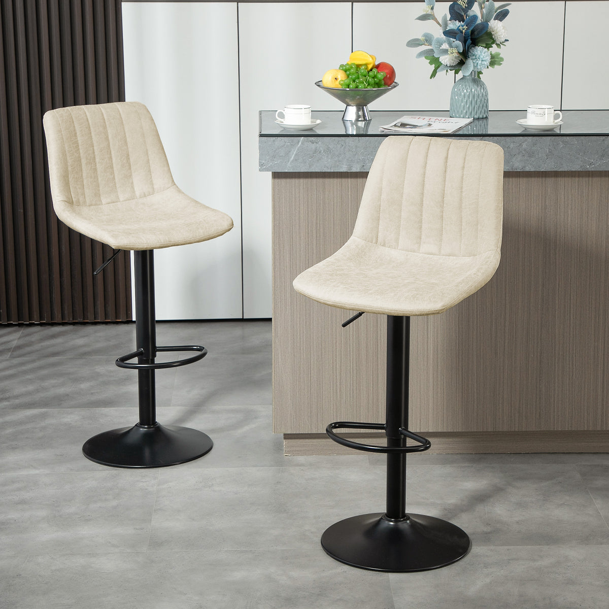 Adjustable Swivel Bar Stools - Set of 2 Cream White Leathaire-Home Furnishings > Kitchen & Dining Furniture > Bar Stools-DECOROLALA