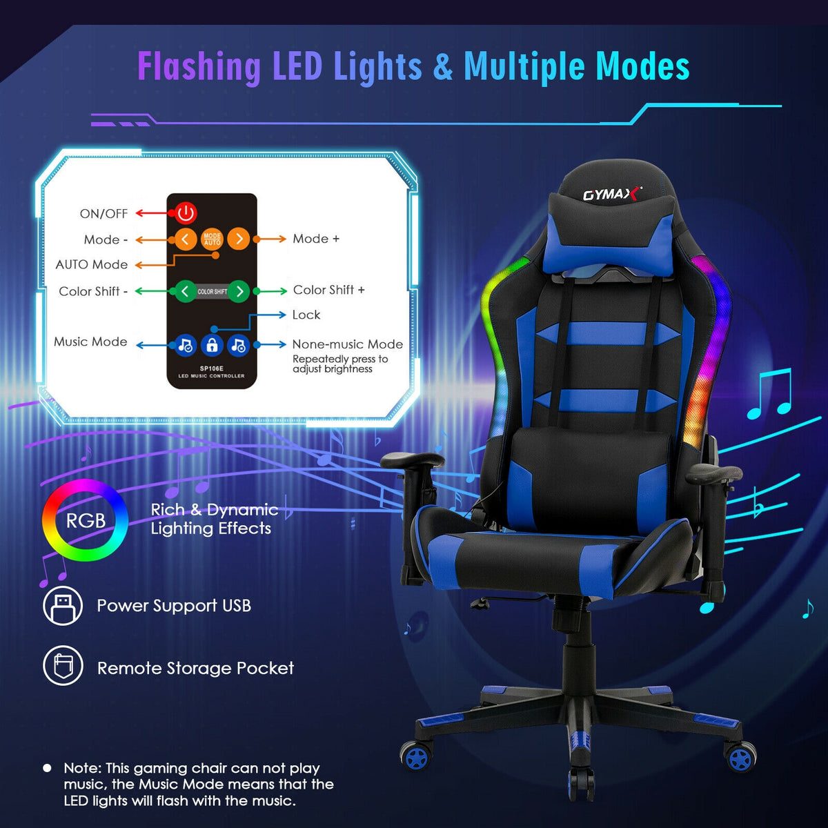 Adjustable Swivel Gaming Chair with LED Lights and Remote-Blue-Gaming Chairs-DECOROLALA
