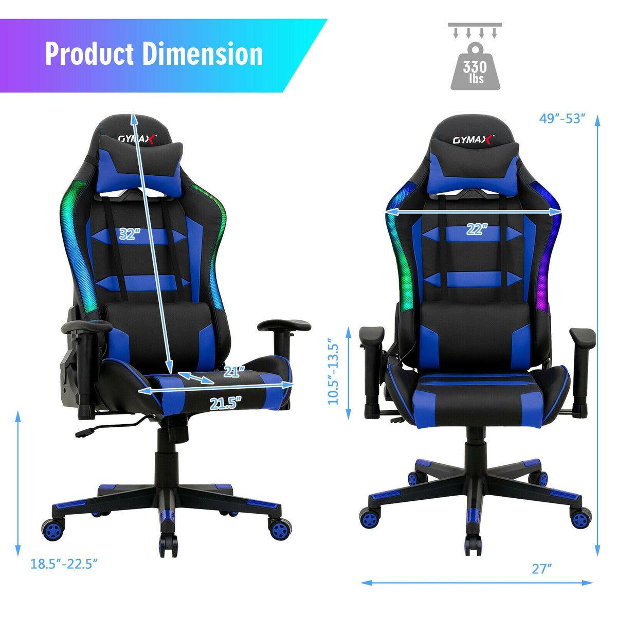 Adjustable Swivel Gaming Chair with LED Lights and Remote-Blue-Gaming Chairs-DECOROLALA
