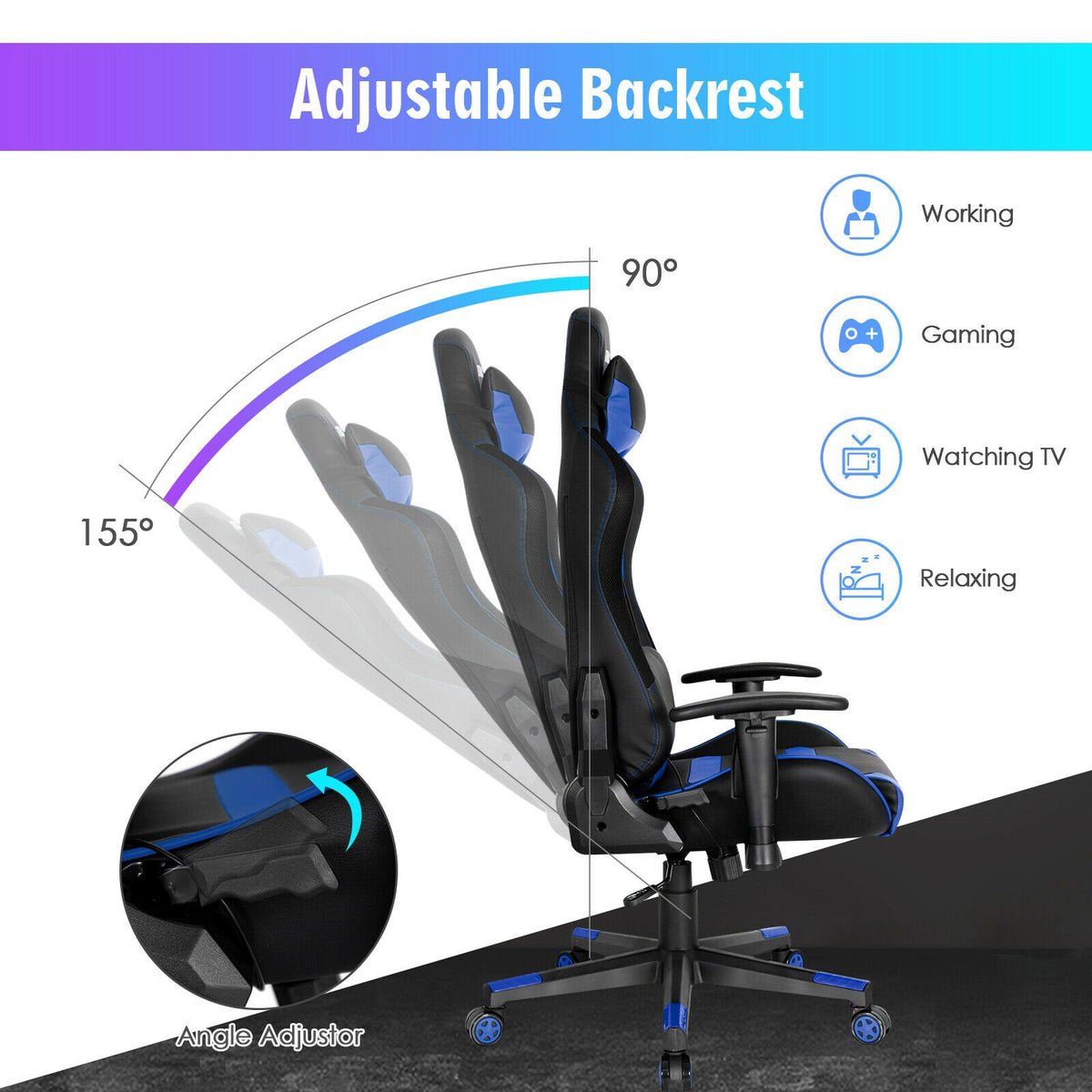 Adjustable Swivel Gaming Chair with LED Lights and Remote-Blue-Gaming Chairs-DECOROLALA