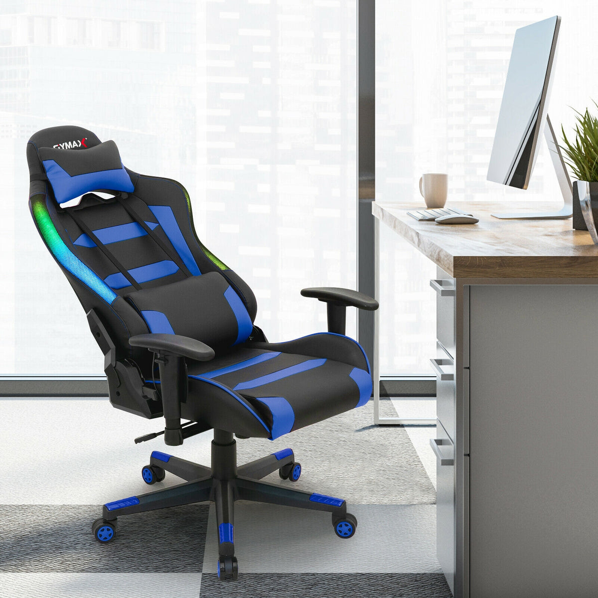 Adjustable Swivel Gaming Chair with LED Lights and Remote-Blue-Gaming Chairs-DECOROLALA