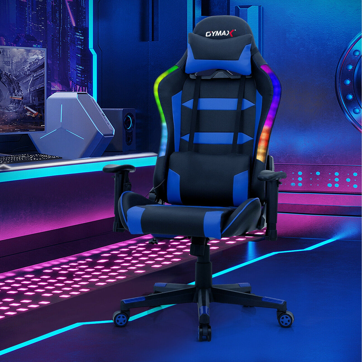Adjustable Swivel Gaming Chair with LED Lights and Remote-Blue-Gaming Chairs-DECOROLALA