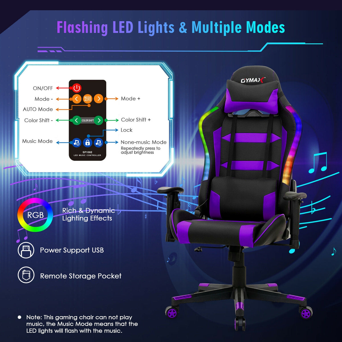Adjustable Swivel Gaming Chair with LED Lights and Remote-Purple-Gaming Chairs-DECOROLALA