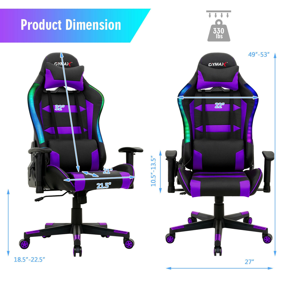 Adjustable Swivel Gaming Chair with LED Lights and Remote-Purple-Gaming Chairs-DECOROLALA