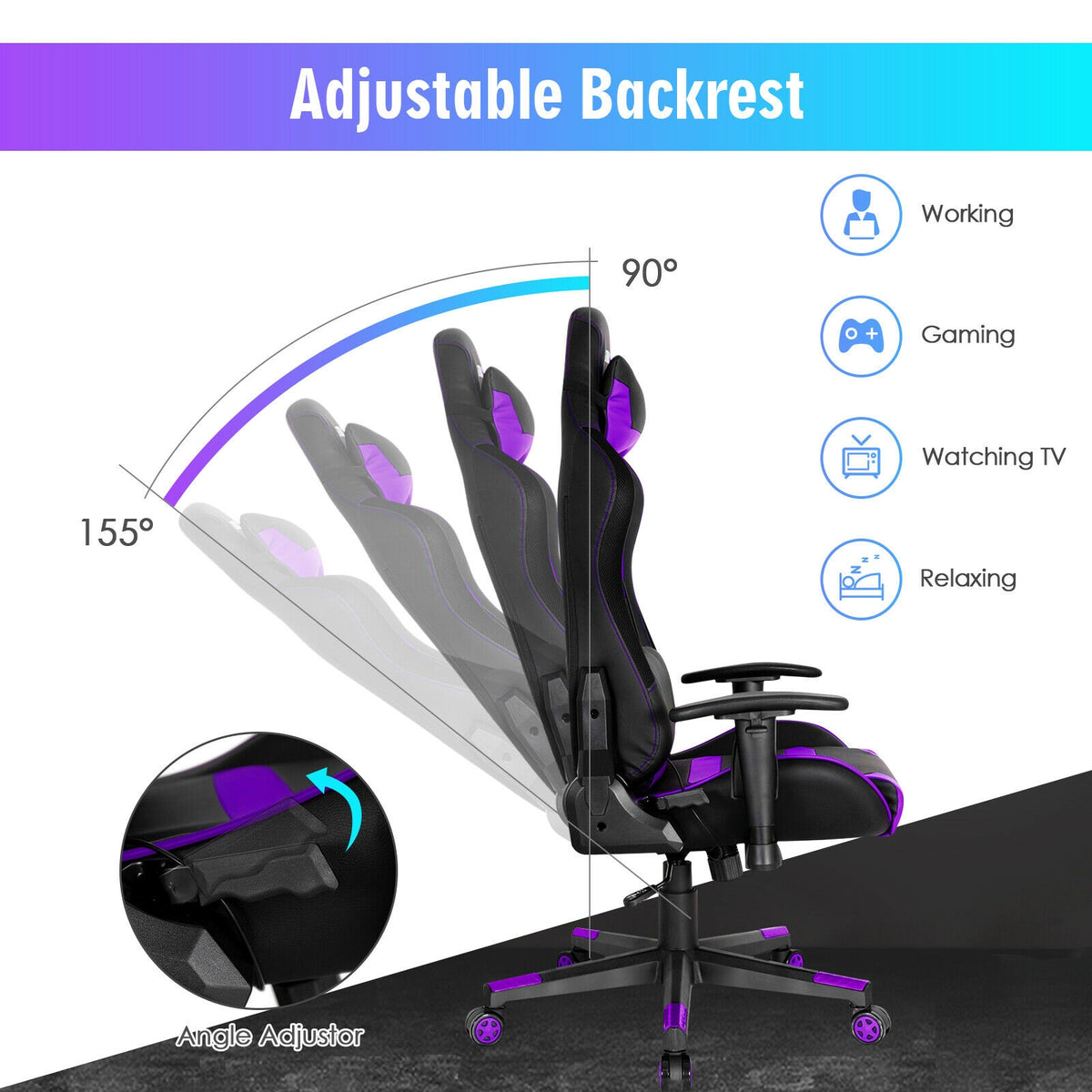 Adjustable Swivel Gaming Chair with LED Lights and Remote-Purple-Gaming Chairs-DECOROLALA