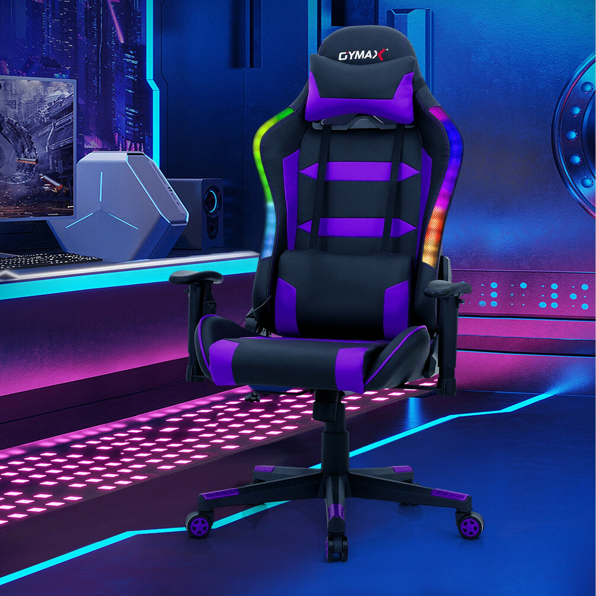 Adjustable Swivel Gaming Chair with LED Lights and Remote-Purple-Gaming Chairs-DECOROLALA
