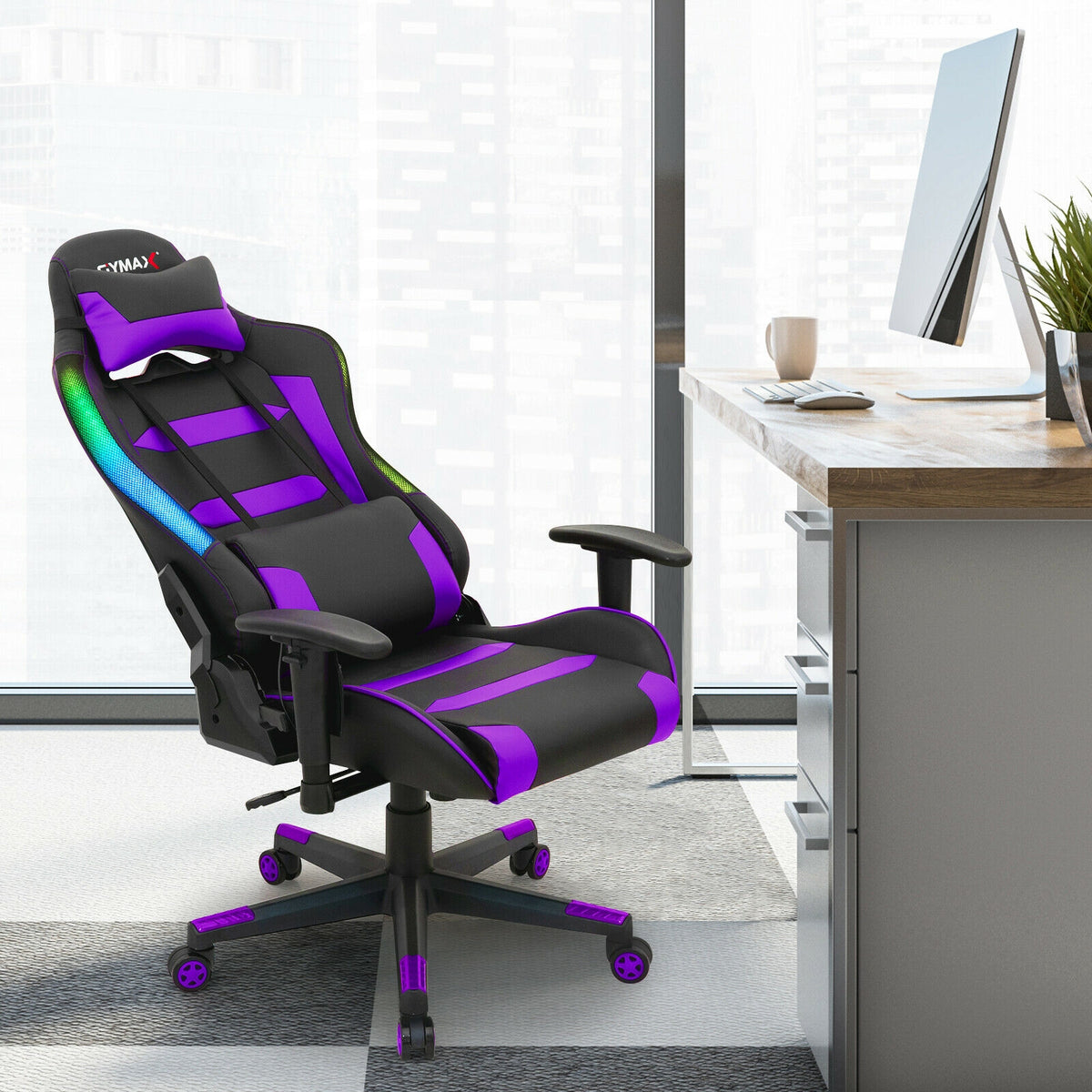 Adjustable Swivel Gaming Chair with LED Lights and Remote-Purple-Gaming Chairs-DECOROLALA