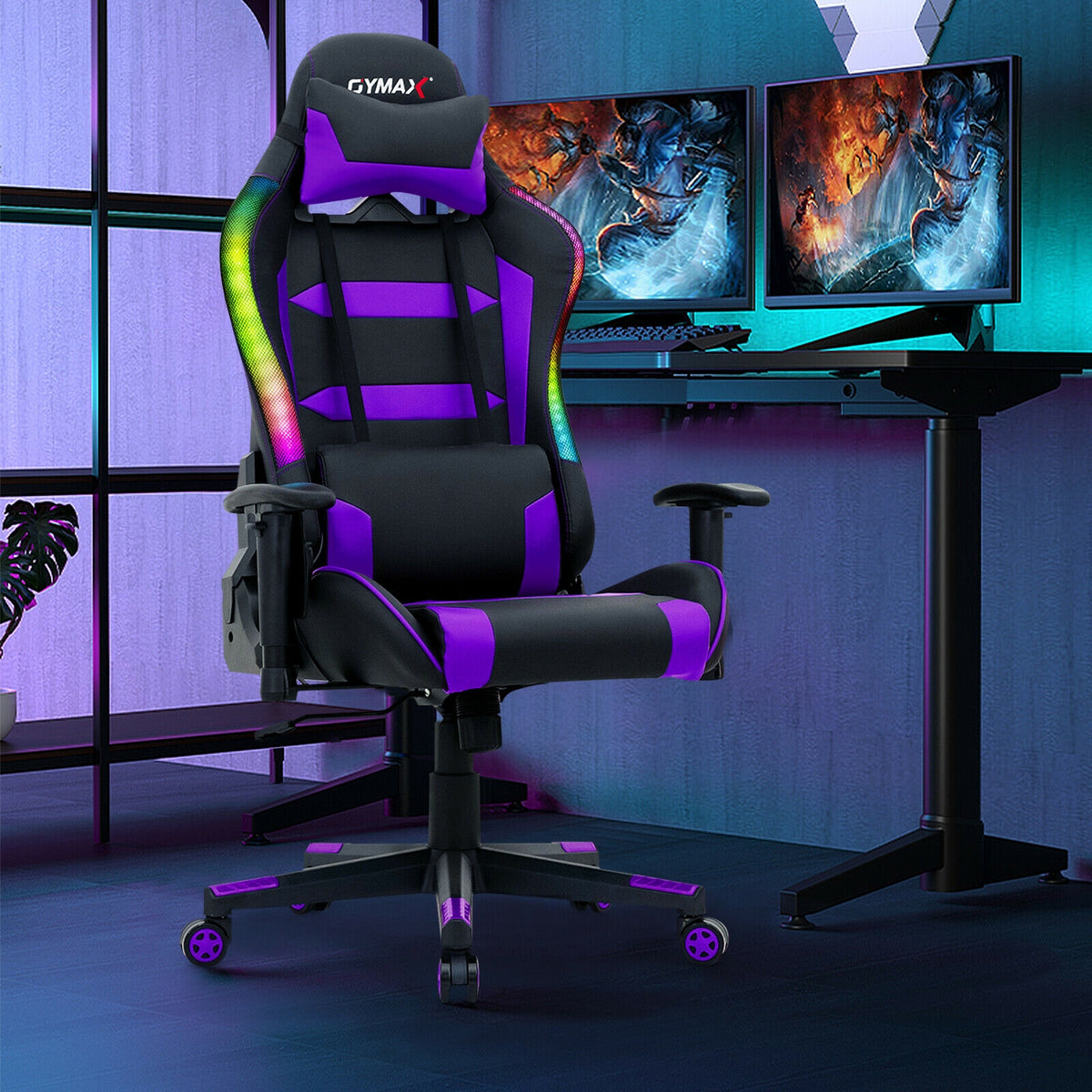 Adjustable Swivel Gaming Chair with LED Lights and Remote-Purple-Gaming Chairs-DECOROLALA