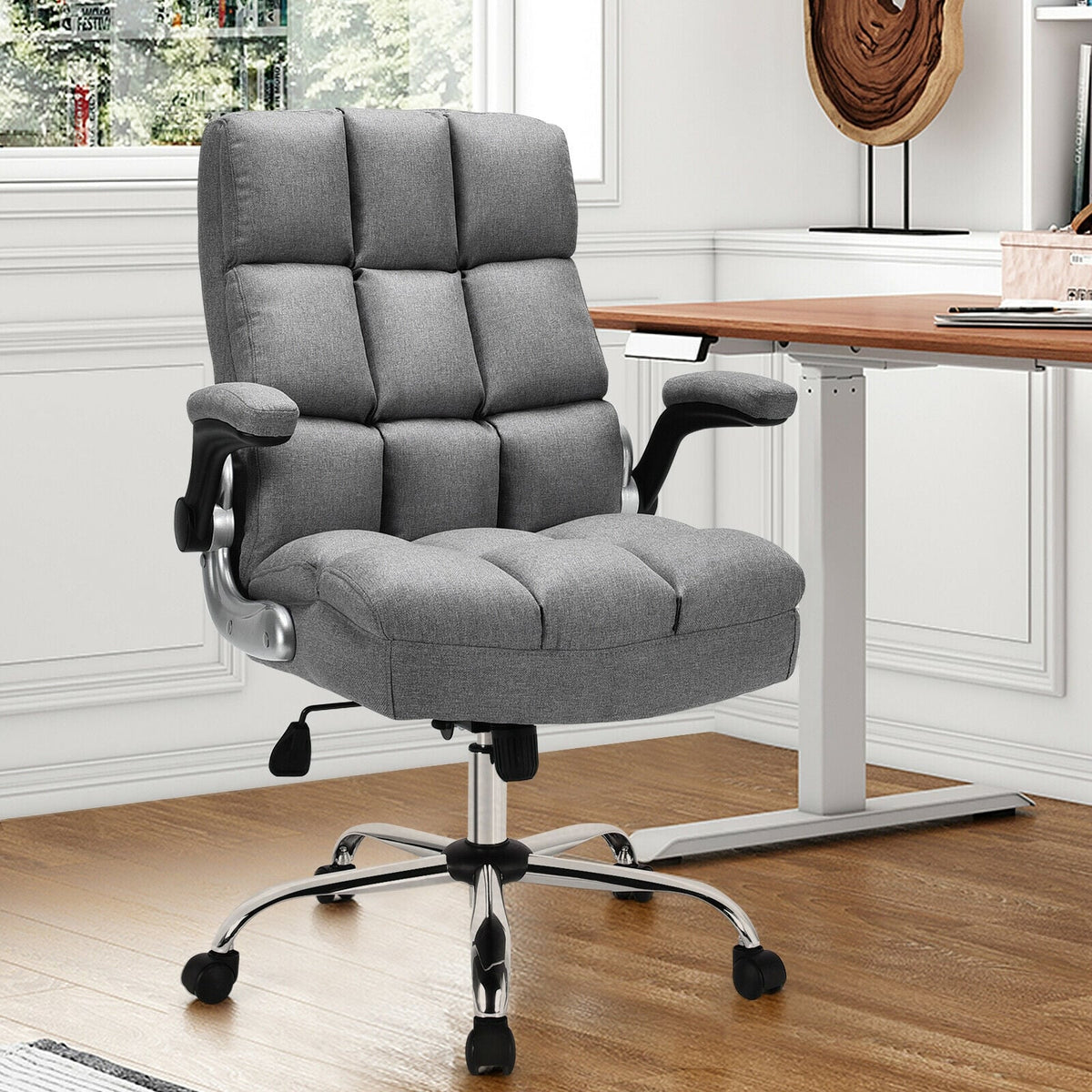 Adjustable Swivel Office Chair with High Back and Flip-up Arm for Home and Office-Gray-Office Leisure Chairs-DECOROLALA