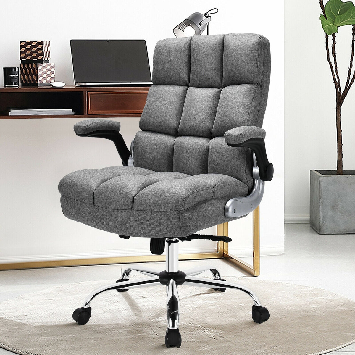 Adjustable Swivel Office Chair with High Back and Flip-up Arm for Home and Office-Gray-Office Leisure Chairs-DECOROLALA