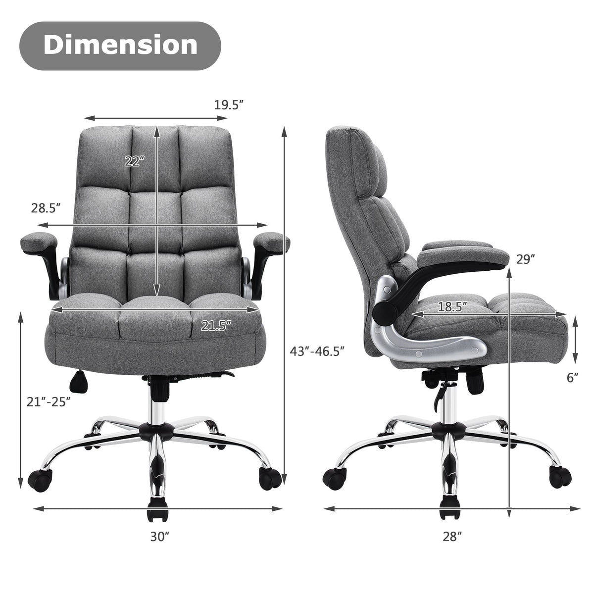 Adjustable Swivel Office Chair with High Back and Flip-up Arm for Home and Office-Gray-Office Leisure Chairs-DECOROLALA