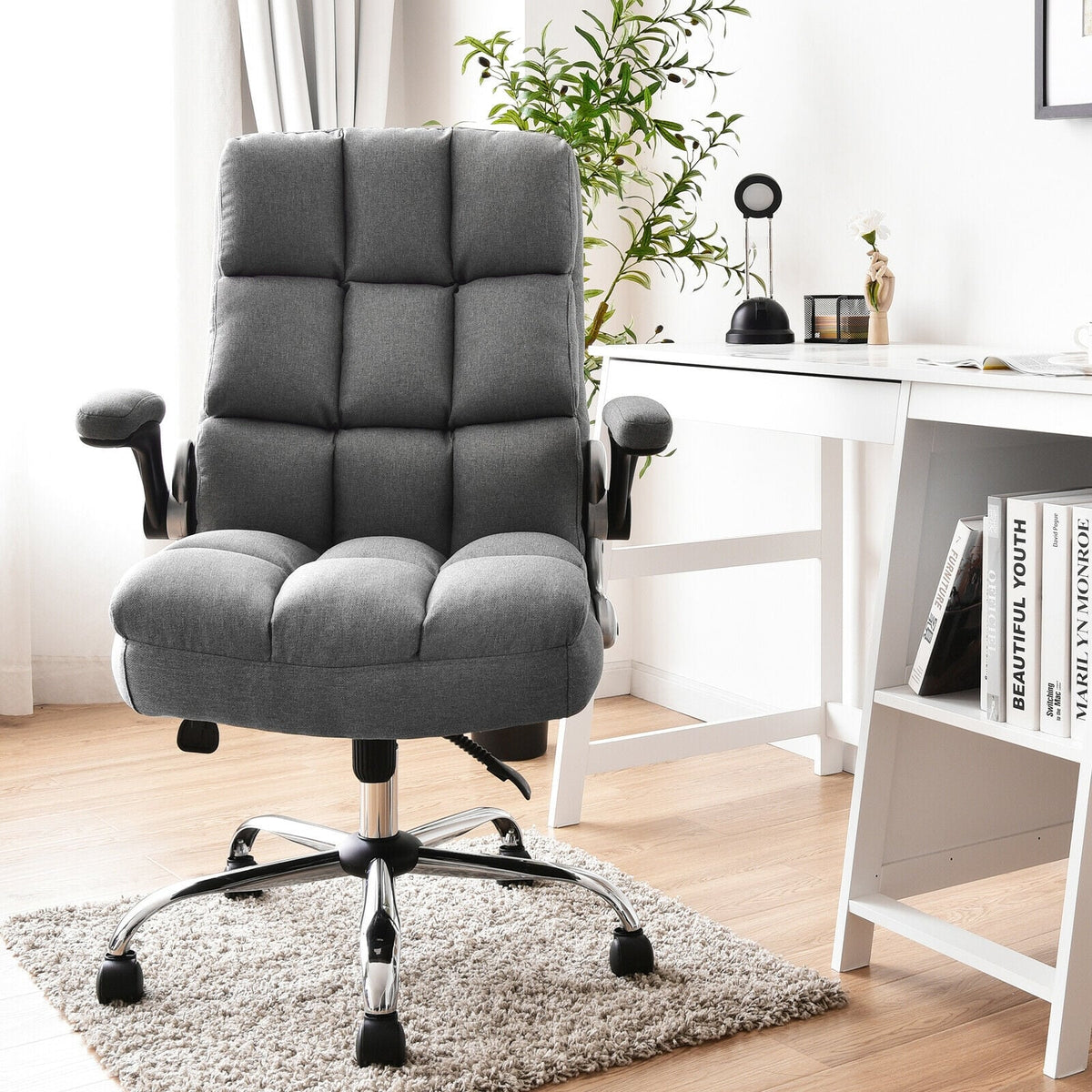Adjustable Swivel Office Chair with High Back and Flip-up Arm for Home and Office-Gray-Office Leisure Chairs-DECOROLALA