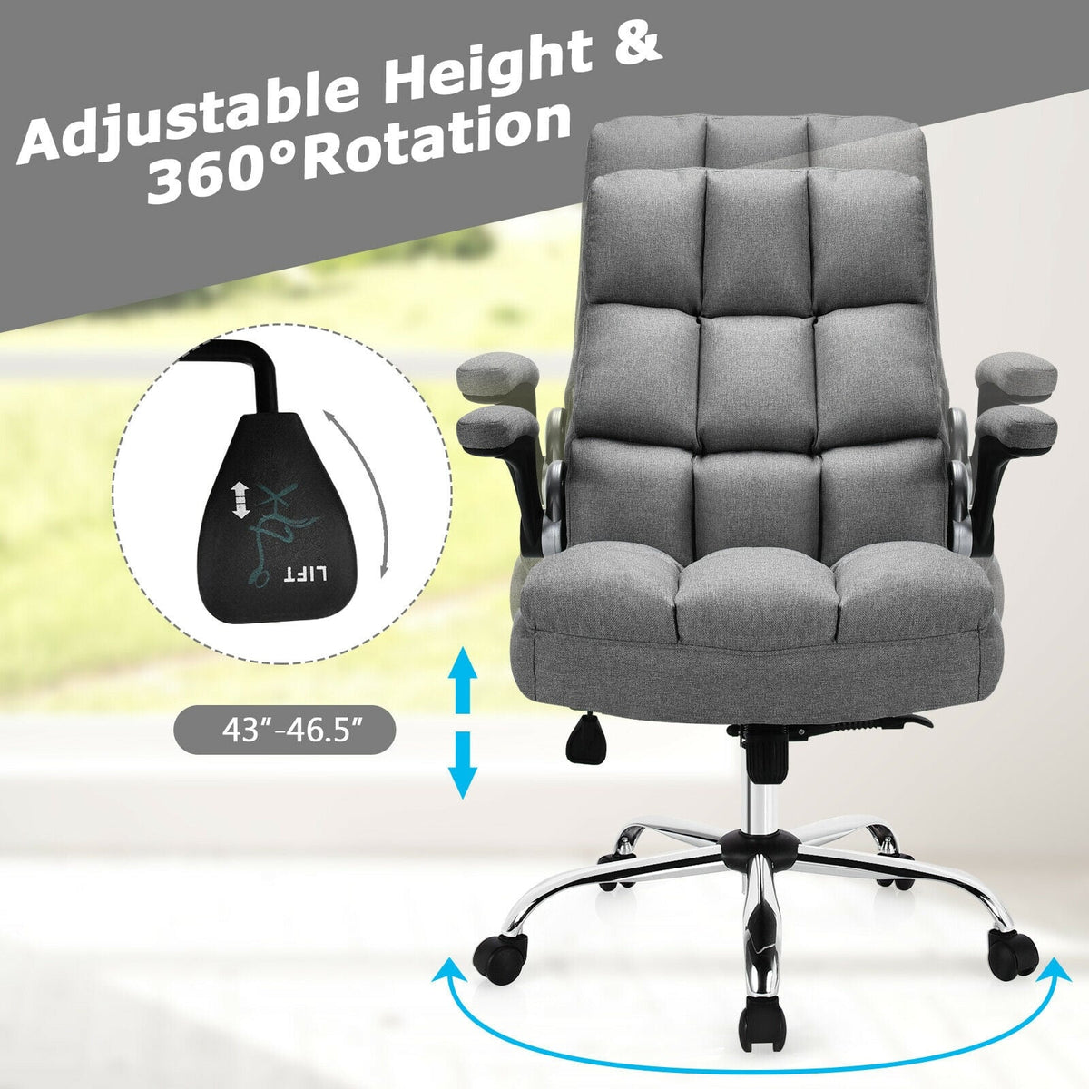 Adjustable Swivel Office Chair with High Back and Flip-up Arm for Home and Office-Gray-Office Leisure Chairs-DECOROLALA