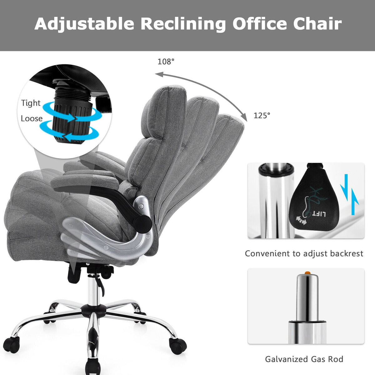 Adjustable Swivel Office Chair with High Back and Flip-up Arm for Home and Office-Gray-Office Leisure Chairs-DECOROLALA
