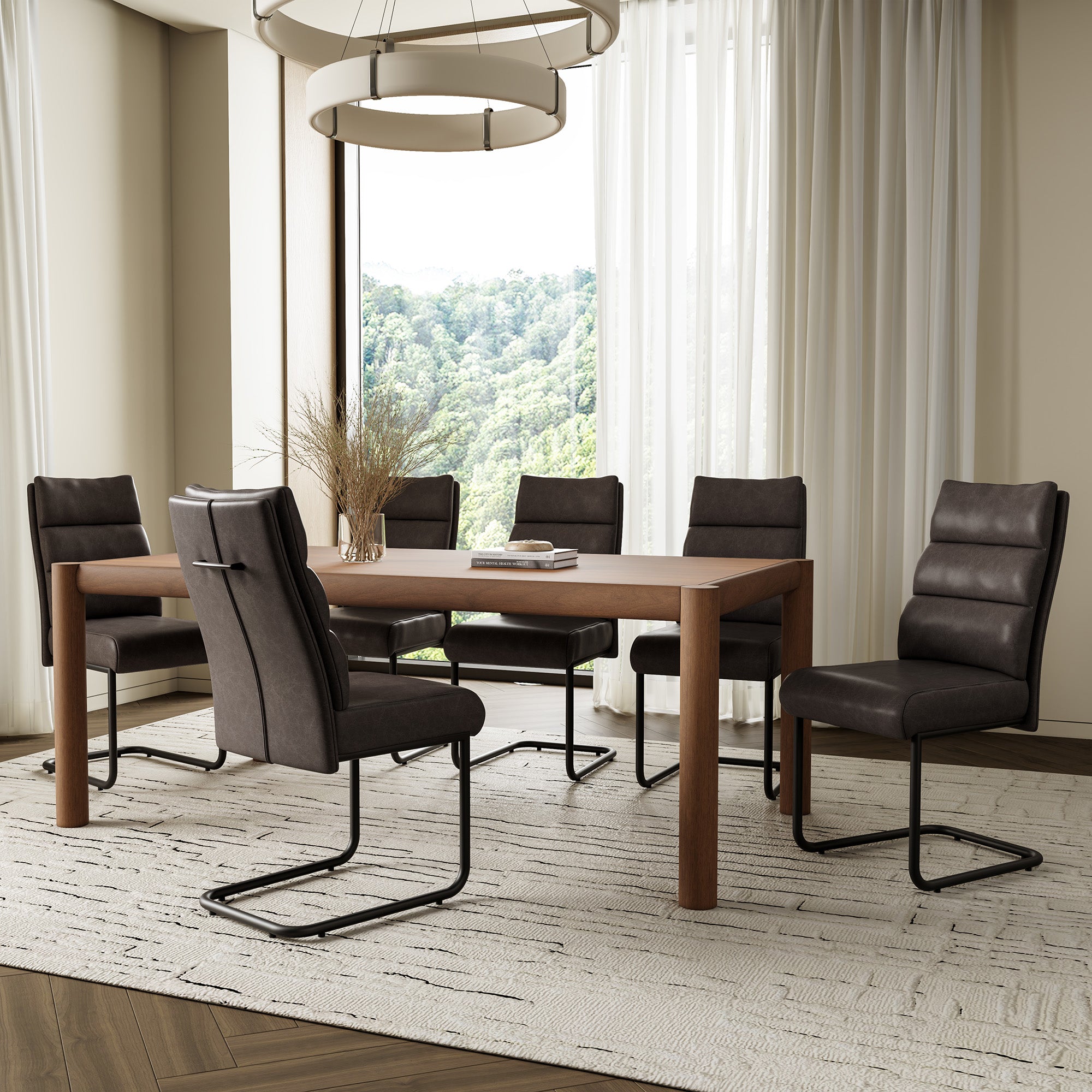 Advik and Brodi 7-Piece Dining Set - Walnut and Charcoal Leather-DECOROLALA