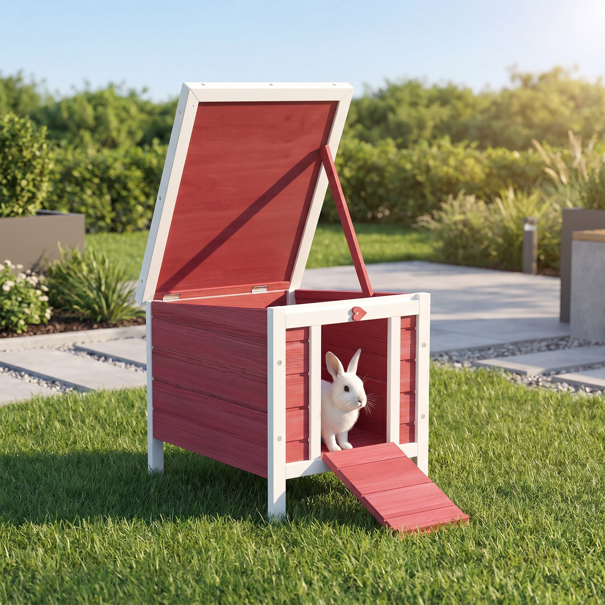 Wooden Rabbit Hutch, Bunny Cage with Waterproof & Openable Asphalt Roof, Outdoor Cat House Guinea Pig Cage Duck Shelter, Indoor Outdoor Use, 20" x 16.5" x 17", Red