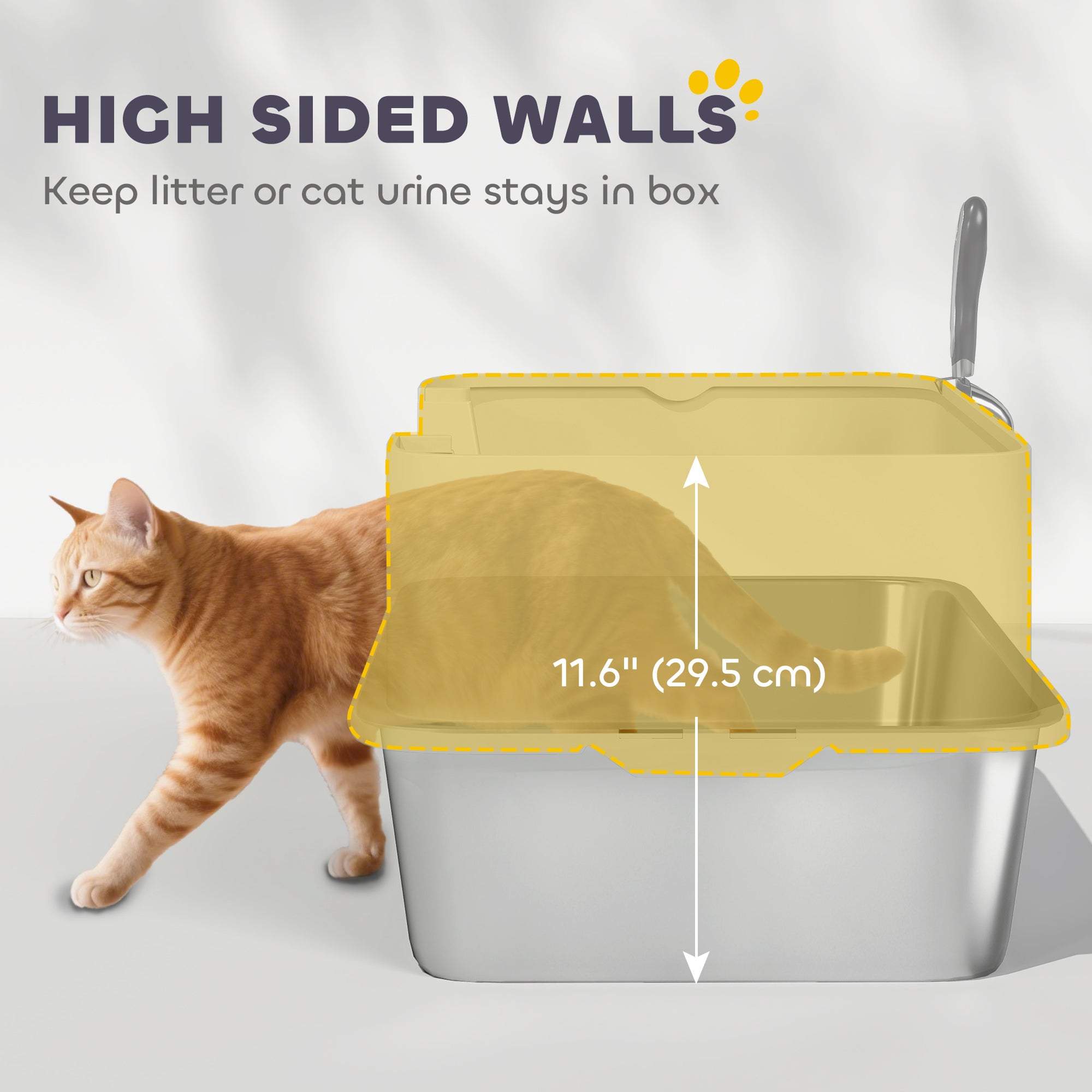 Stainless Steel Litter Box, XL High Sided Cat Litter Box with Scoop, Anti Leakage & Easy to Clean, 24" x 16" x 12", Grey