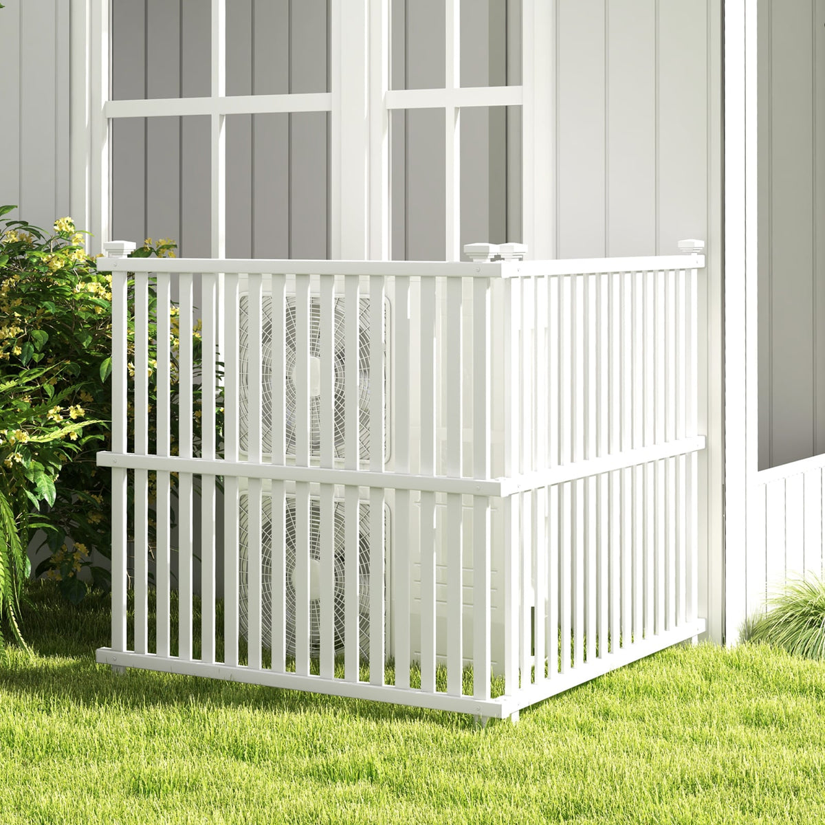 Air Conditioner Fence Panel with Metal Ground Stakes for Outside-White-Outdoor Privacy Screens-DECOROLALA