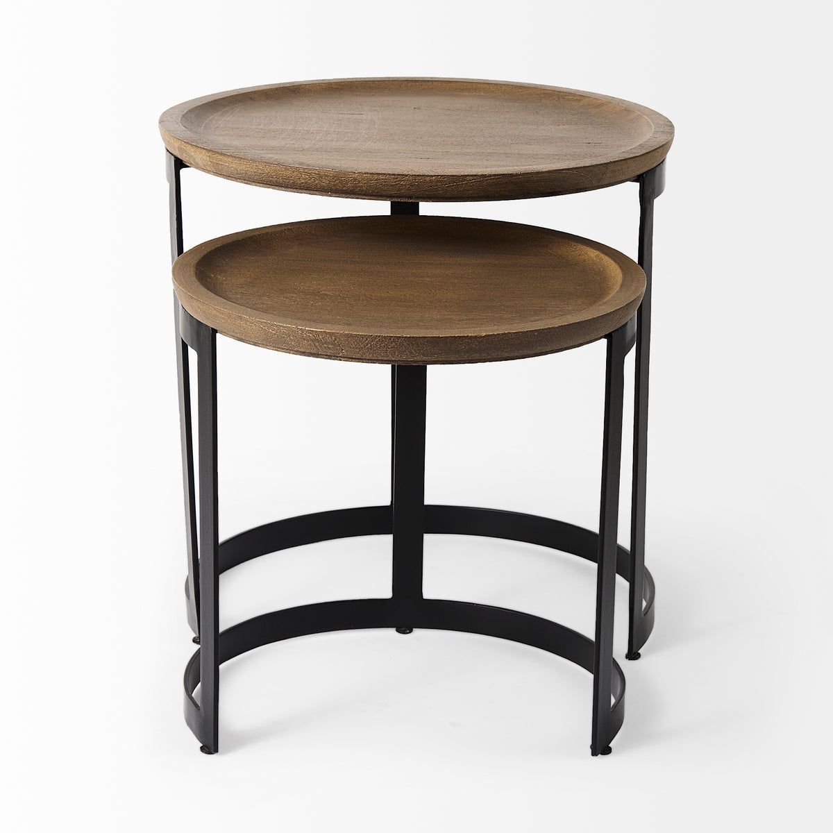 Aisley (Set of 2) 19.3L x 19.3W x 19H Light Brown Wood W/ Black Metal Base Round Nesting Side Tables-Accent Tables-DECOROLALA