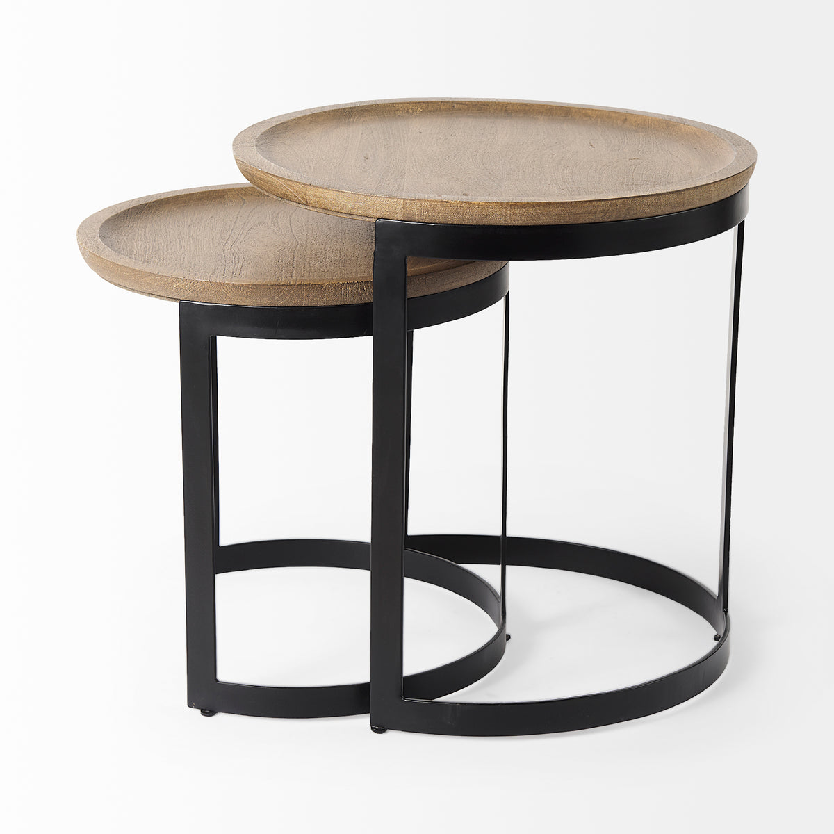 Aisley (Set of 2) 19.3L x 19.3W x 19H Light Brown Wood W/ Black Metal Base Round Nesting Side Tables-Accent Tables-DECOROLALA