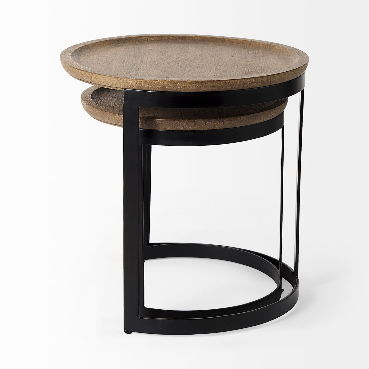 Aisley (Set of 2) 19.3L x 19.3W x 19H Light Brown Wood W/ Black Metal Base Round Nesting Side Tables-Accent Tables-DECOROLALA