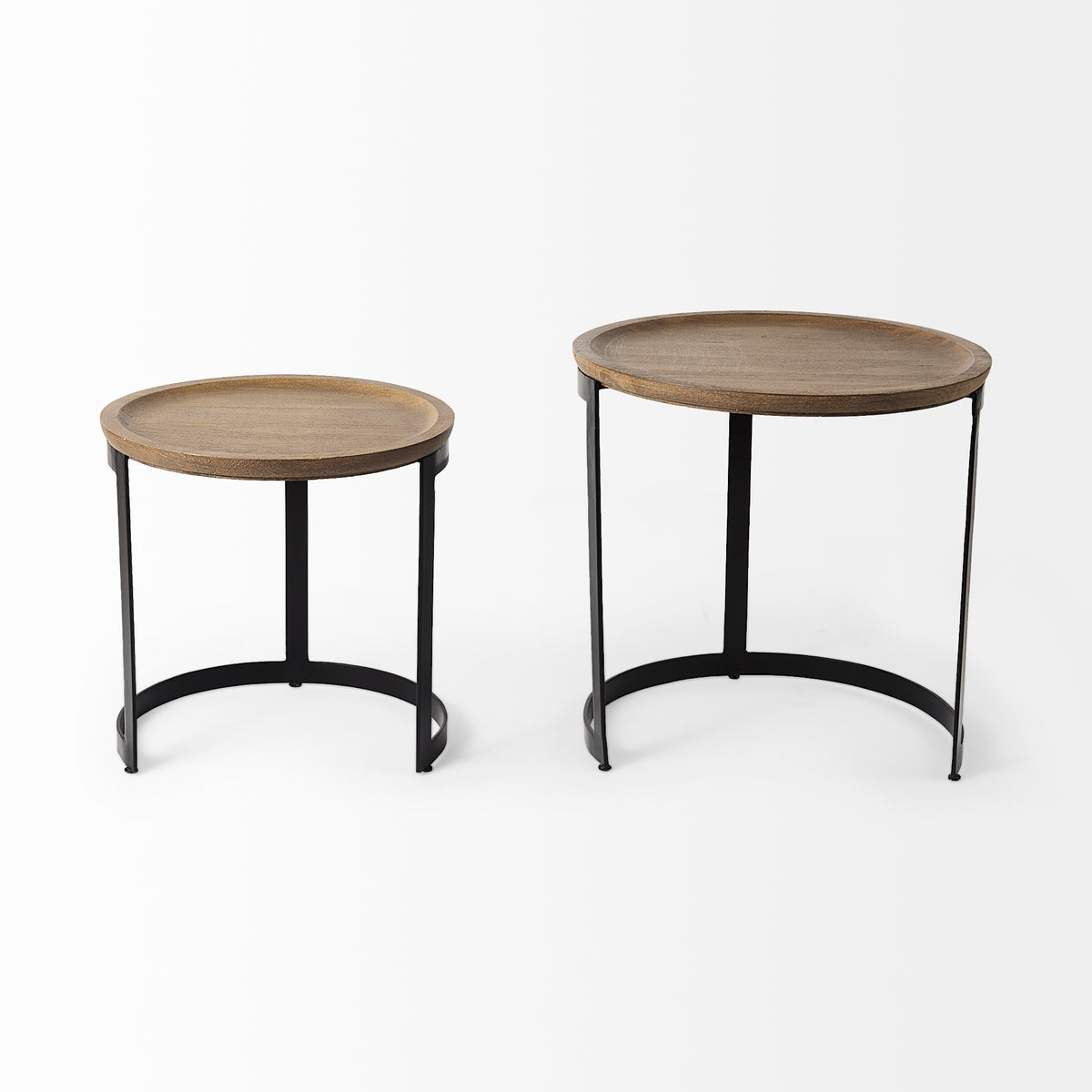 Aisley (Set of 2) 19.3L x 19.3W x 19H Light Brown Wood W/ Black Metal Base Round Nesting Side Tables-Accent Tables-DECOROLALA