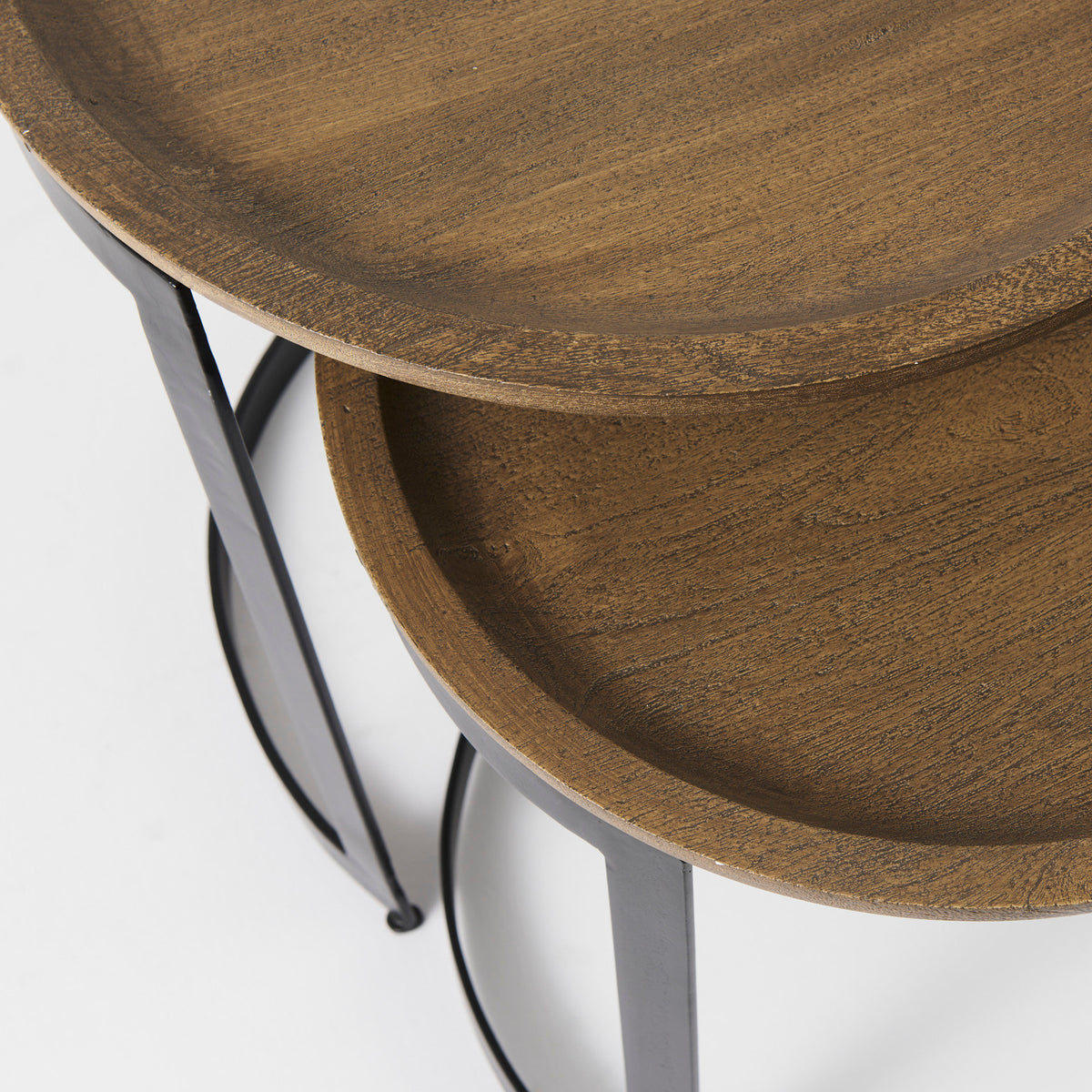 Aisley (Set of 2) 19.3L x 19.3W x 19H Light Brown Wood W/ Black Metal Base Round Nesting Side Tables-Accent Tables-DECOROLALA
