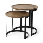 Aisley (Set of 2) 19.3L x 19.3W x 19H Light Brown Wood W/ Black Metal Base Round Nesting Side Tables-Accent Tables-DECOROLALA